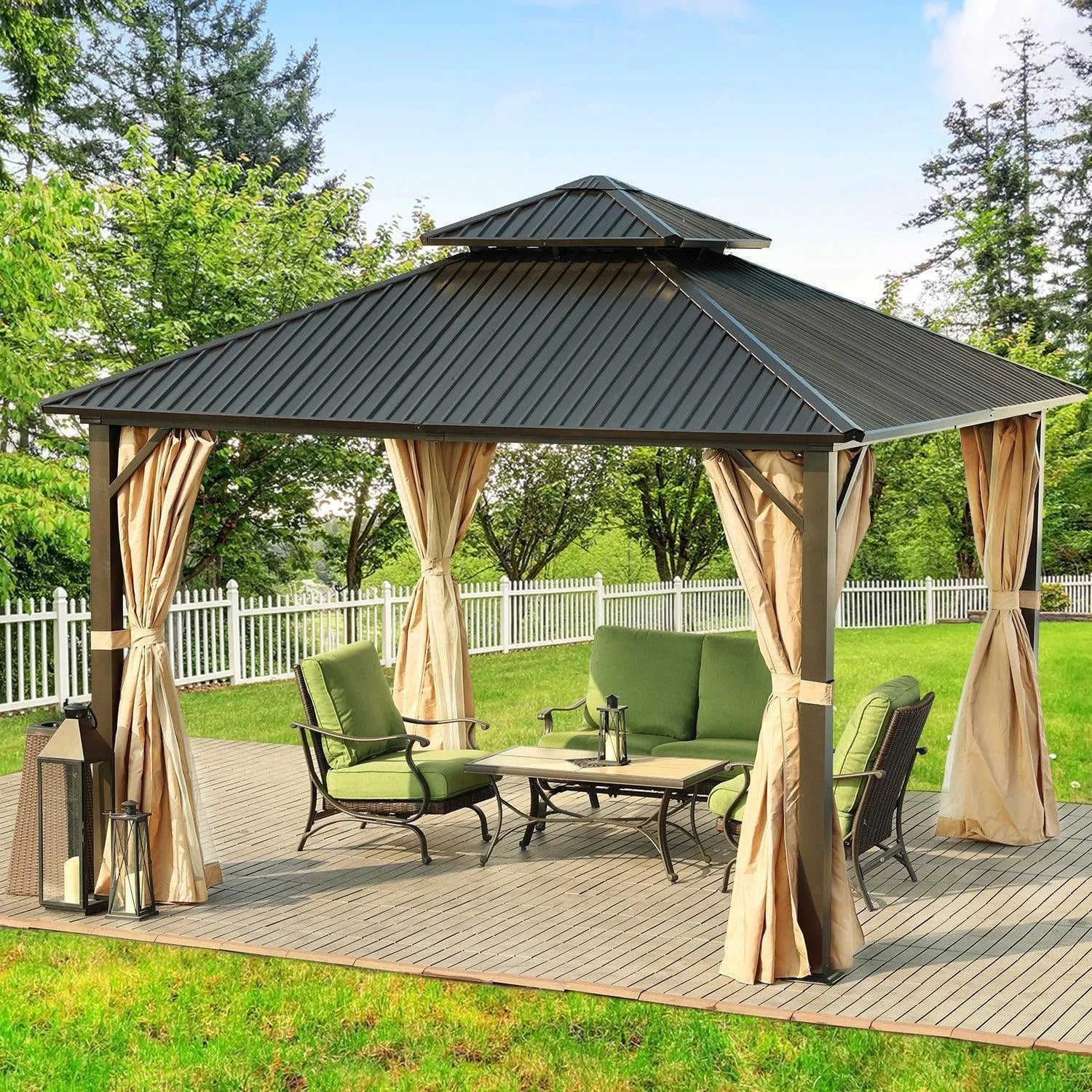 12 x 12 ft. Aluminum Frame Hardtop Roof Gazebo, Outdoor  2-Tier Metal Roof Gazebo with Mosquito Netting and Curtains- Black Gazebo Aoodor LLC