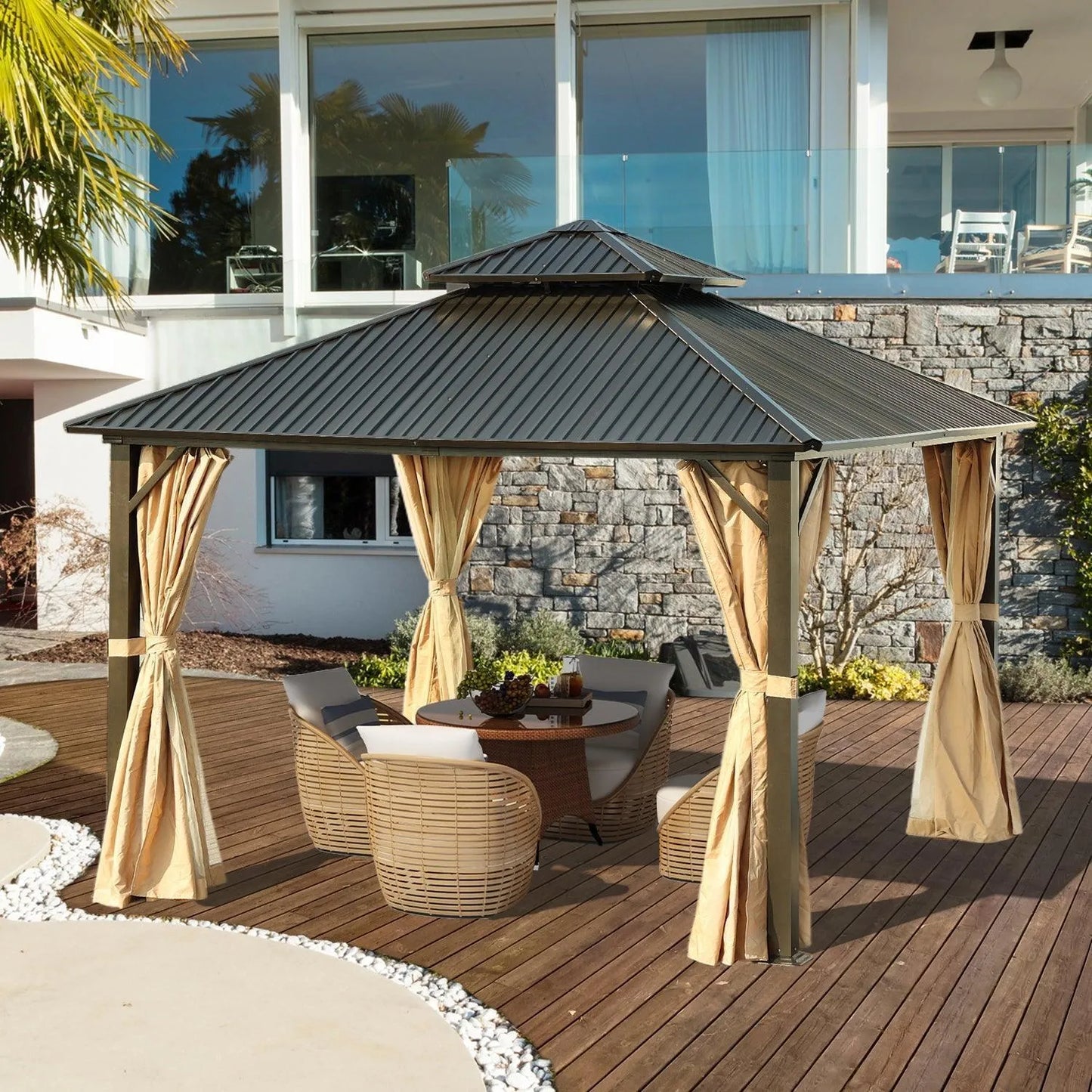 12 x 12 ft. Aluminum Frame Hardtop Roof Gazebo, Outdoor 2-Tier Metal Roof Gazebo with Mosquito Netting and Curtains- Black Gazebo Aoodor LLC