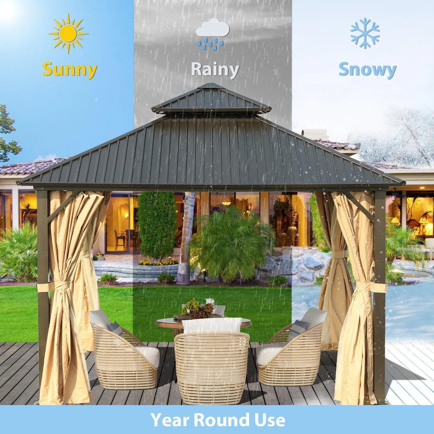 12 x 12 ft. Aluminum Frame Hardtop Roof Gazebo, Outdoor  2-Tier Metal Roof Gazebo with Mosquito Netting and Curtains- Black Gazebo Aoodor LLC