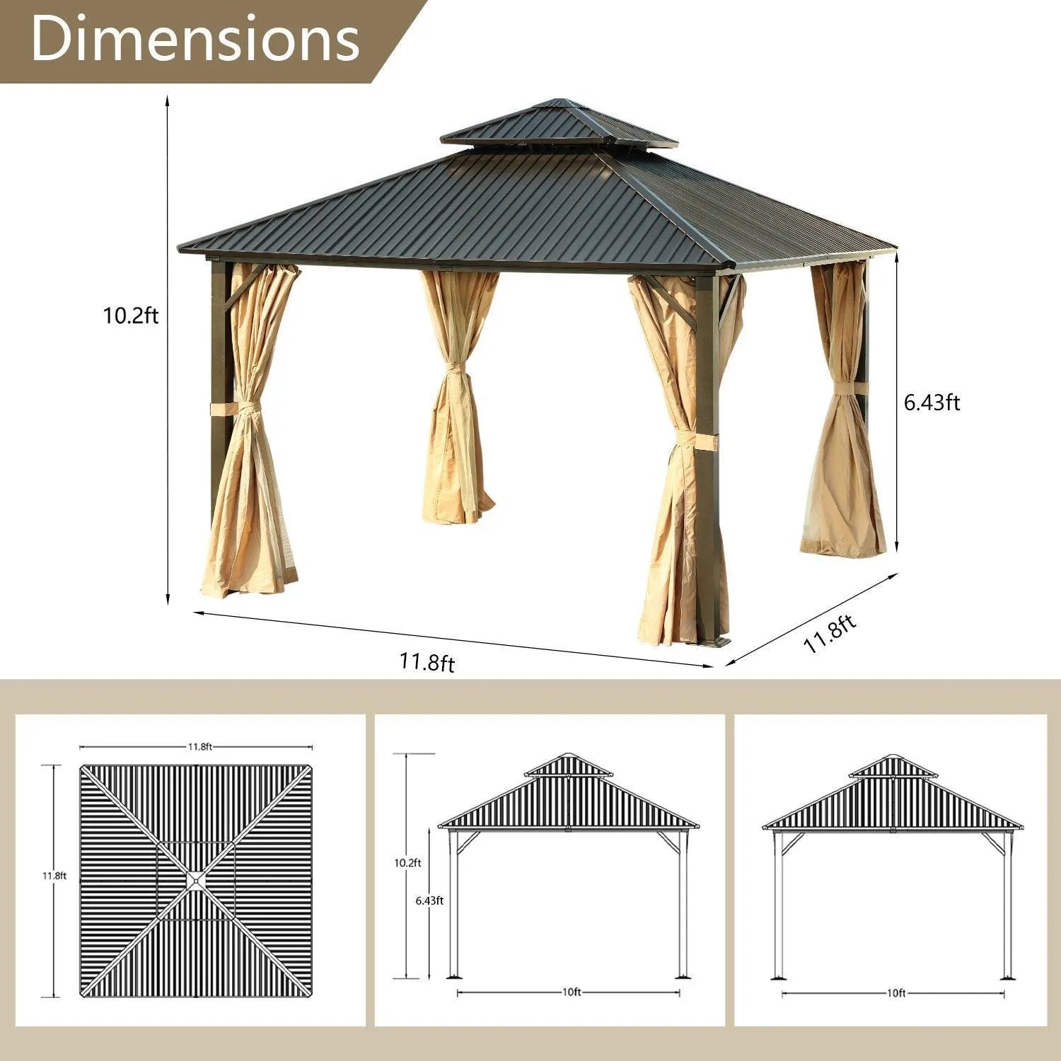 12 x 12 ft. Aluminum Frame Hardtop Roof Gazebo, Outdoor  2-Tier Metal Roof Gazebo with Mosquito Netting and Curtains- Black Gazebo Aoodor LLC