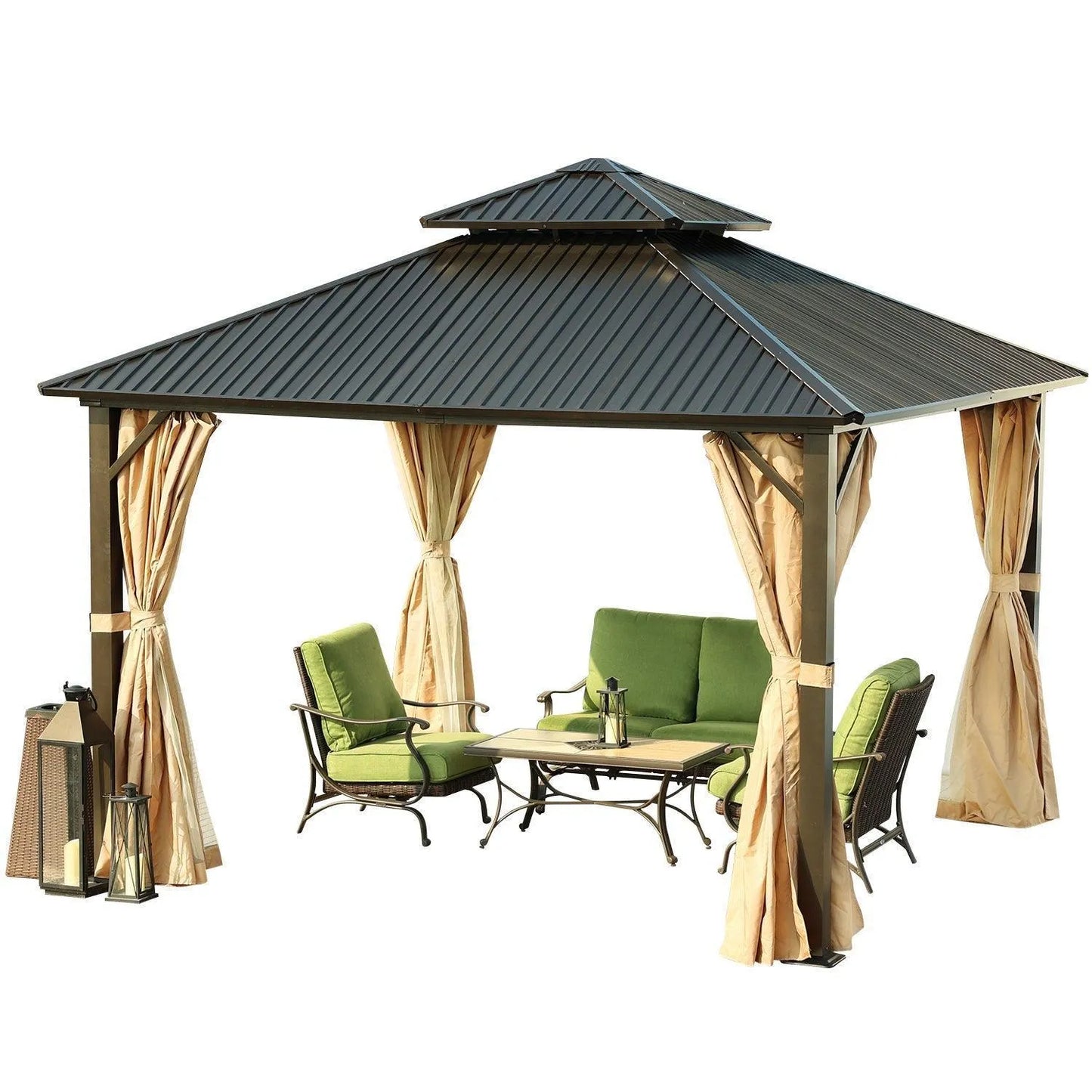 12 x 12 ft. Aluminum Frame Hardtop Roof Gazebo, Outdoor 2-Tier Metal Roof Gazebo with Mosquito Netting and Curtains- Black Gazebo Aoodor LLC
