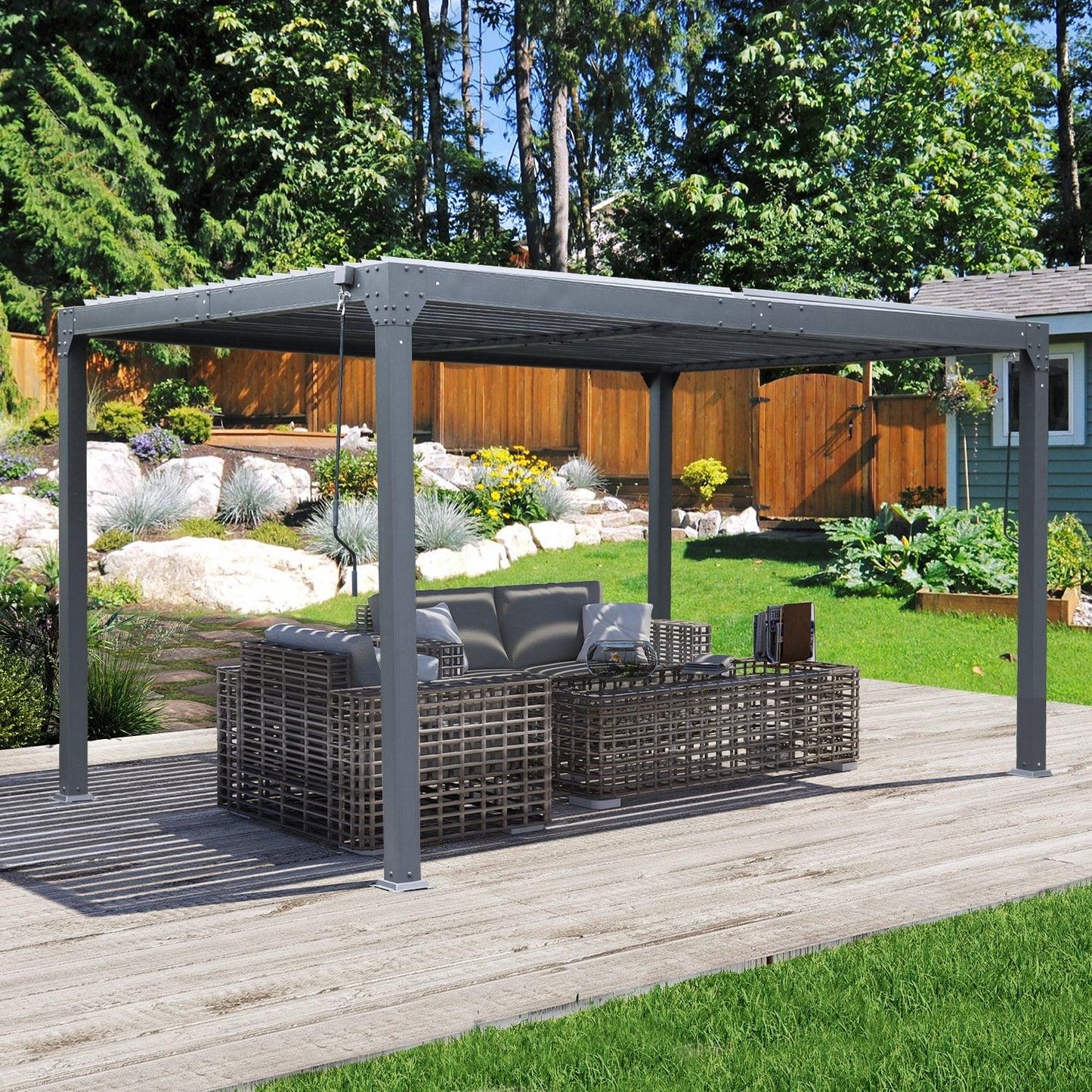 13 x 10 ft. Outdoor Aluminum Louvered Pergola, Sun Shade Shelter with 2 Adjustable Panels - Dark Gray  Aoodor