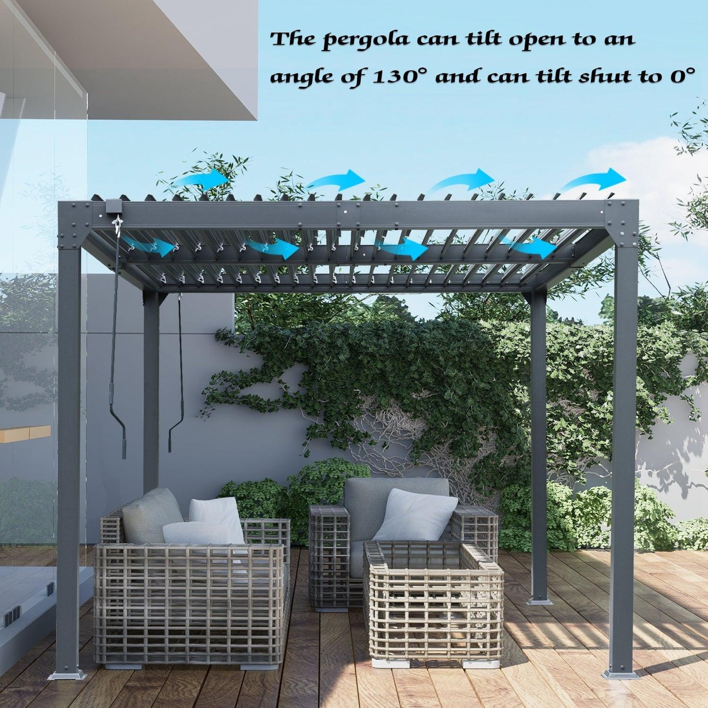 13 x 10 ft. Outdoor Aluminum Louvered Pergola, Sun Shade Shelter with 2 Adjustable Panels - Dark Gray  Aoodor