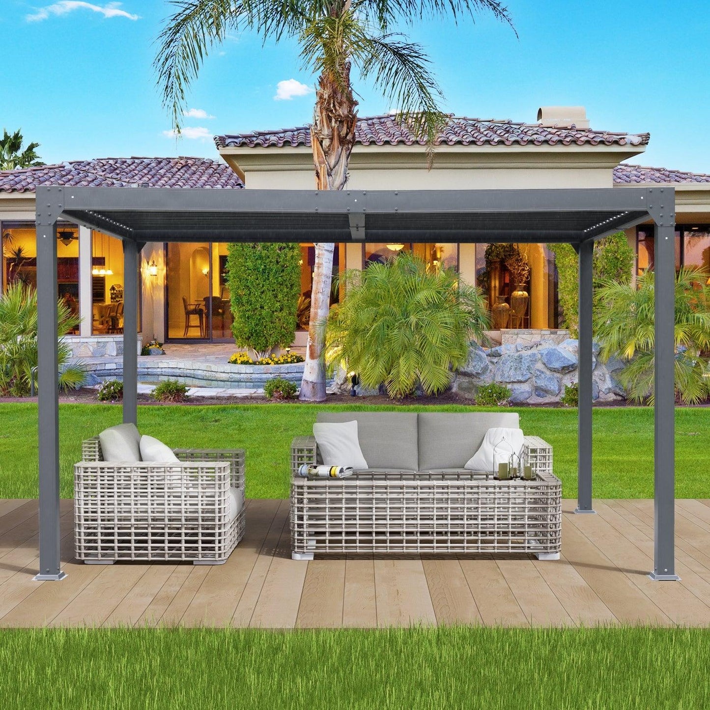 13 x 10 ft. Outdoor Aluminum Louvered Pergola, Sun Shade Shelter with 2 Adjustable Panels - Dark Gray Aoodor
