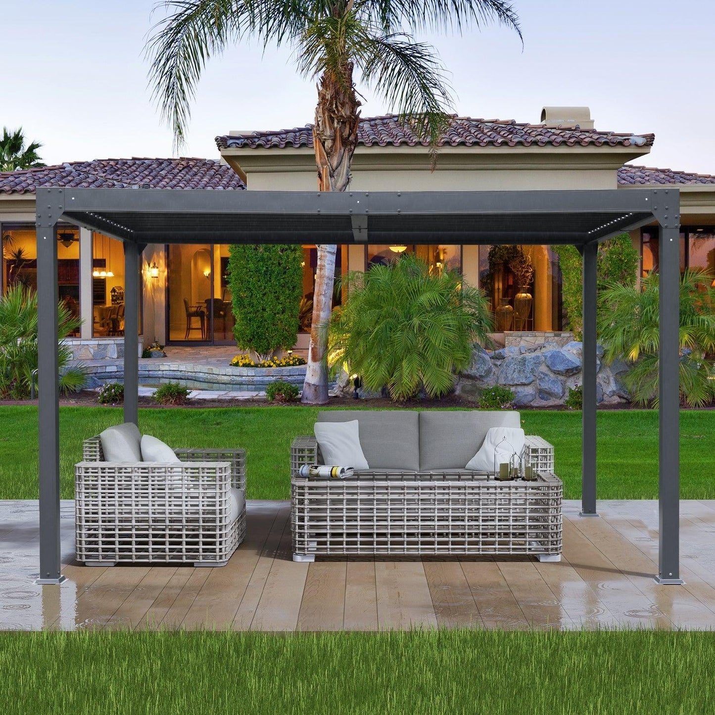 13 x 10 ft. Outdoor Aluminum Louvered Pergola, Sun Shade Shelter with 2 Adjustable Panels - Dark Gray Aoodor