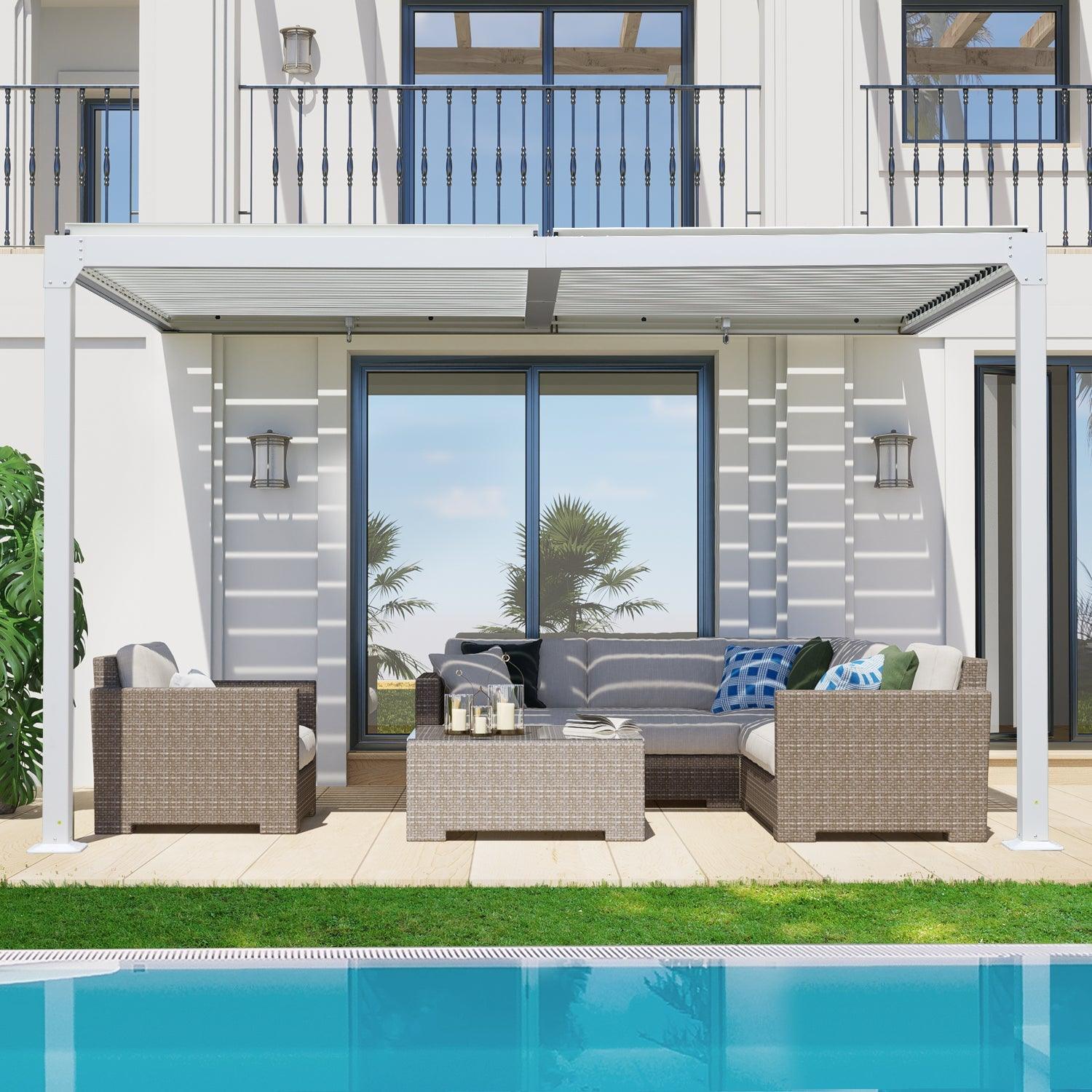 13 x 10 ft. Outdoor Aluminum Wall Mounted Louvered Pergola, Sun Shade Shelter with 2 Adjustable Panels  - Dark Gray/White Louvered Pergola Aoodor LLC