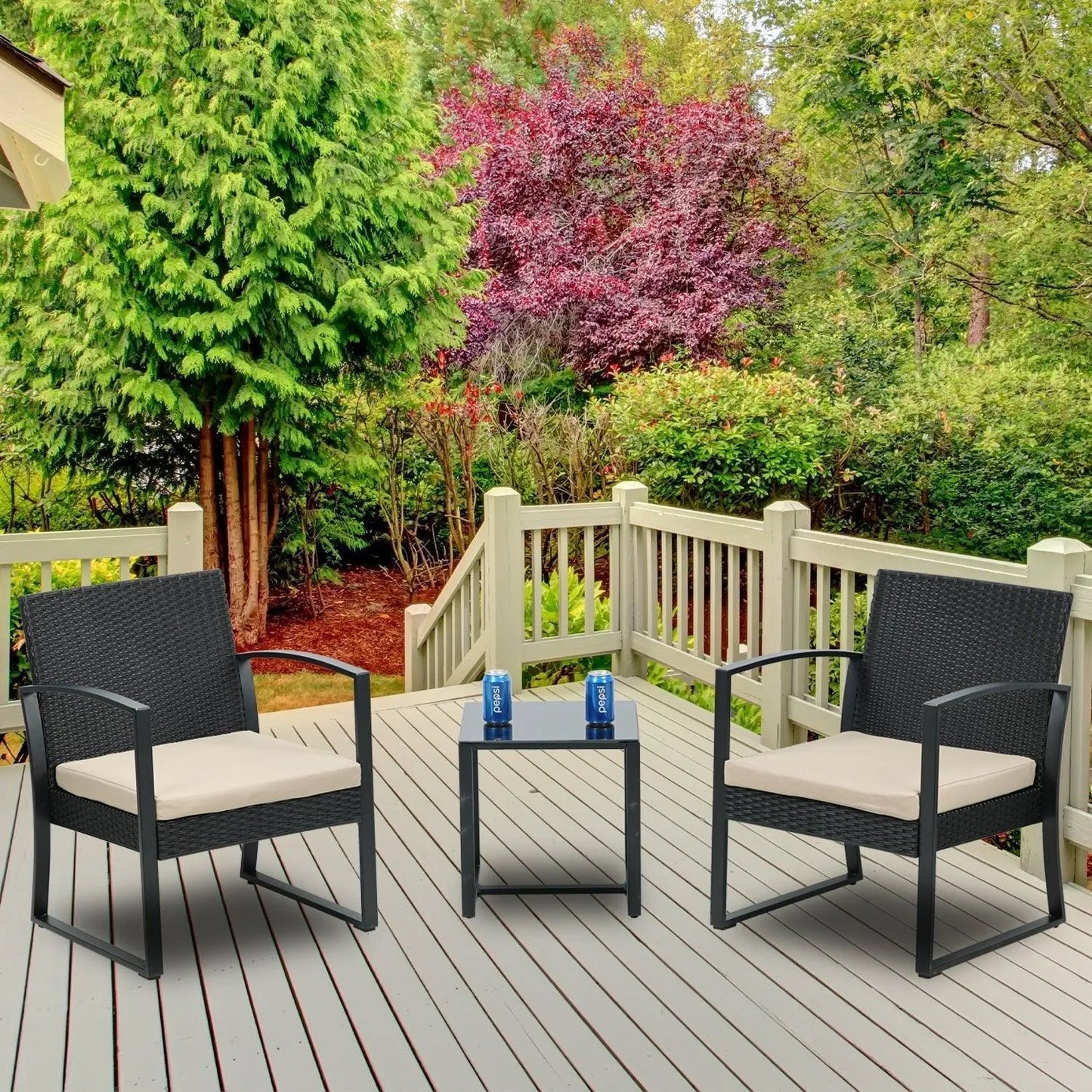 3-Piece Patio Furniture Set - Outdoor Rattan Wicker Chairs with Table, Sofa Set Including Cushions, Ideal for Conversations in Garden or Poolside Furniture Aoodor LLC