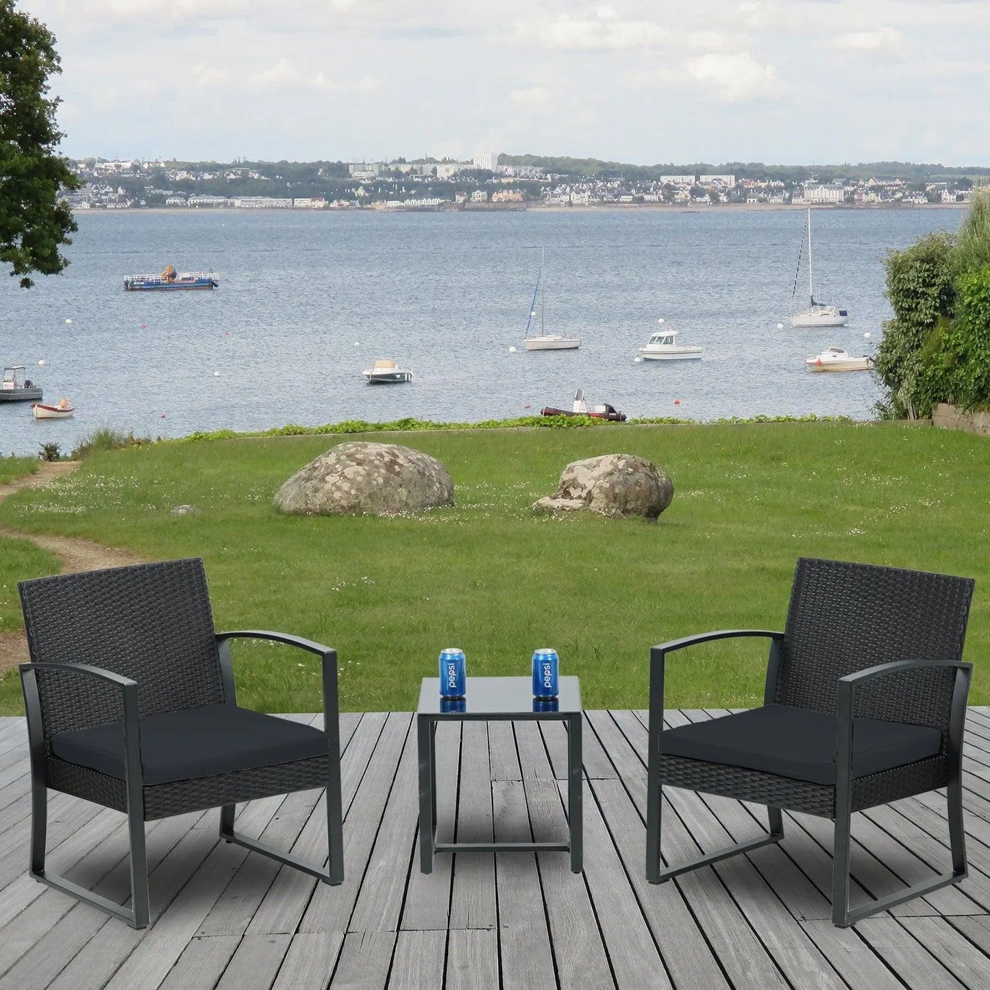 3-Piece Patio Furniture Set - Outdoor Rattan Wicker Chairs with Table, Sofa Set Including Cushions, Ideal for Conversations in Garden or Poolside Furniture Aoodor LLC