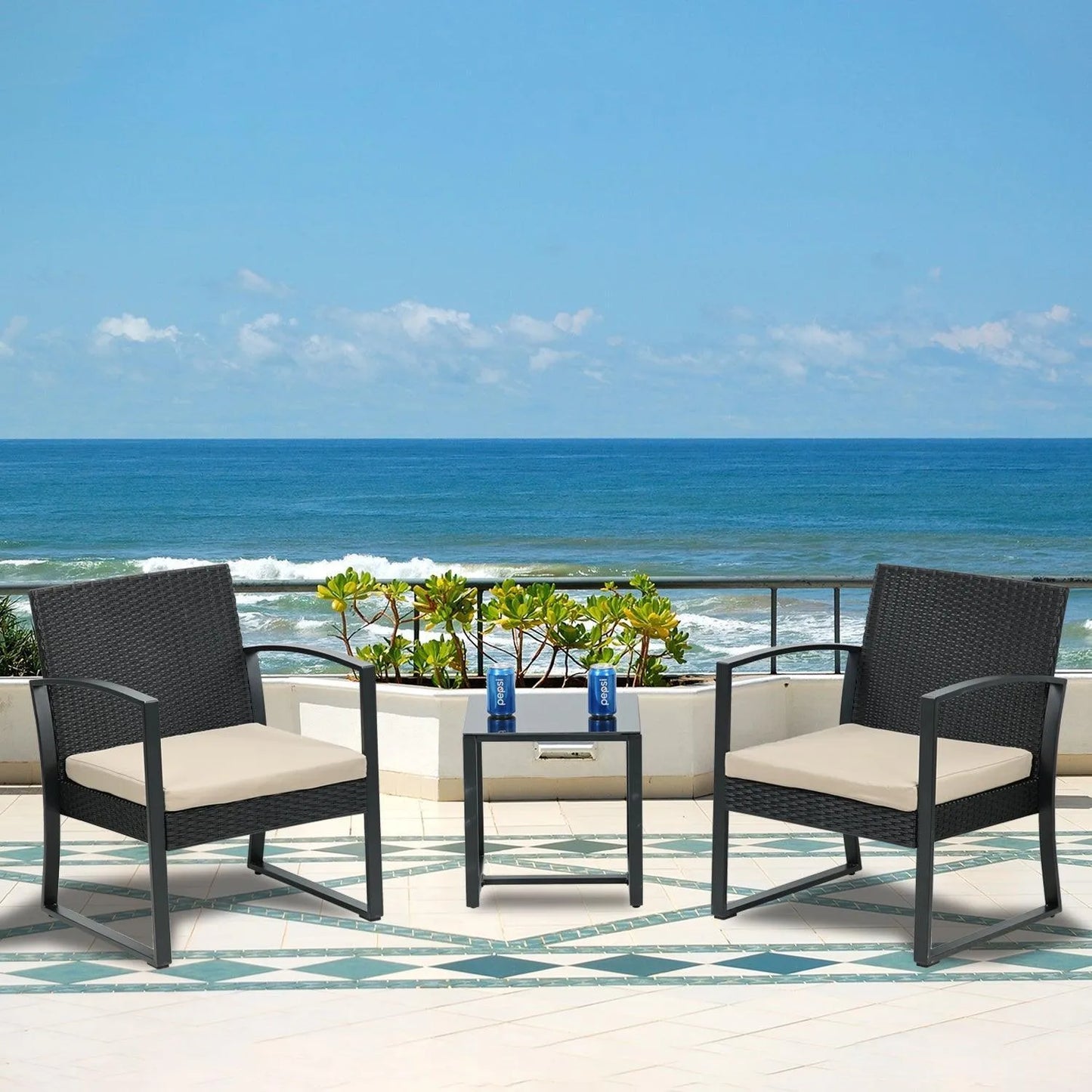 3-Piece Patio Furniture Set - Outdoor Rattan Wicker Chairs with Table, Sofa Set Including Cushions, Ideal for Conversations in Garden or Poolside Furniture Aoodor LLC