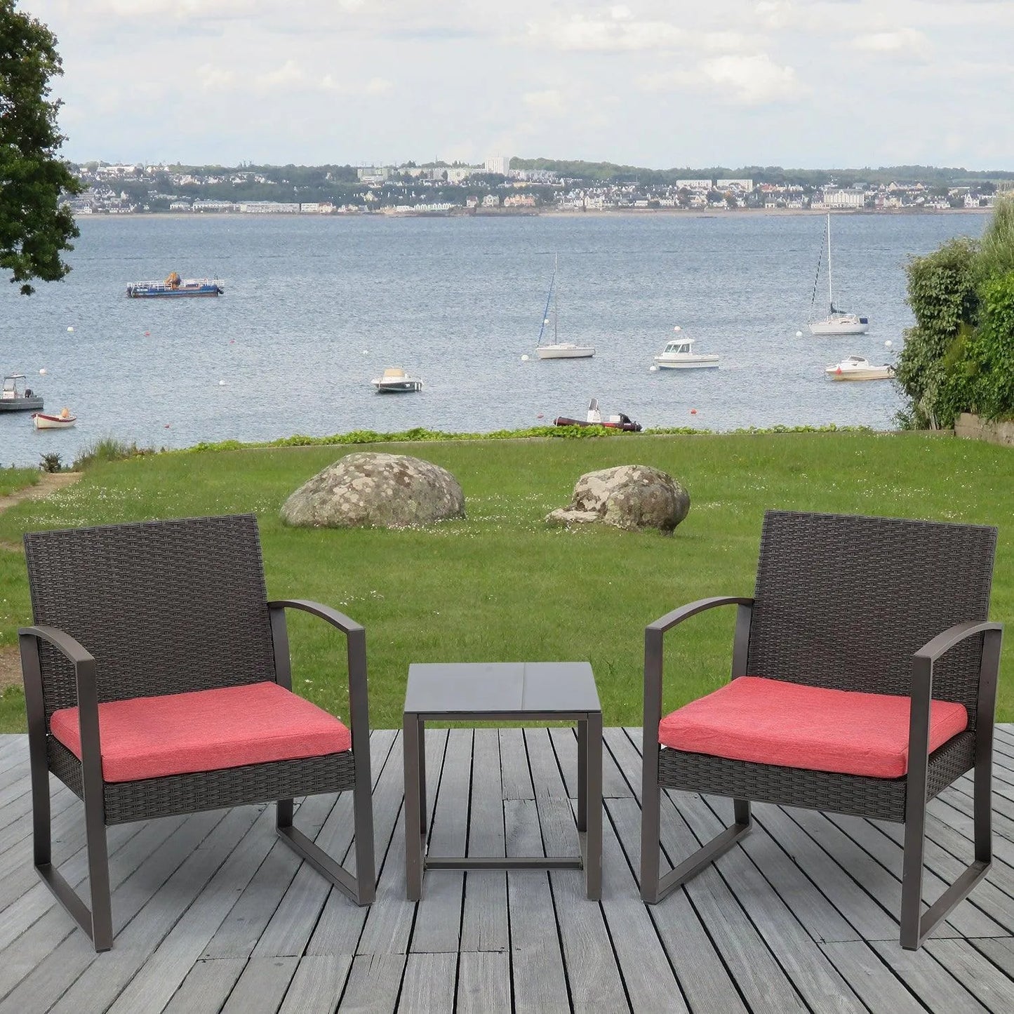 3-Piece Patio Furniture Set - Outdoor Rattan Wicker Chairs with Table, Sofa Set Including Cushions, Ideal for Conversations in Garden or Poolside Furniture Aoodor LLC