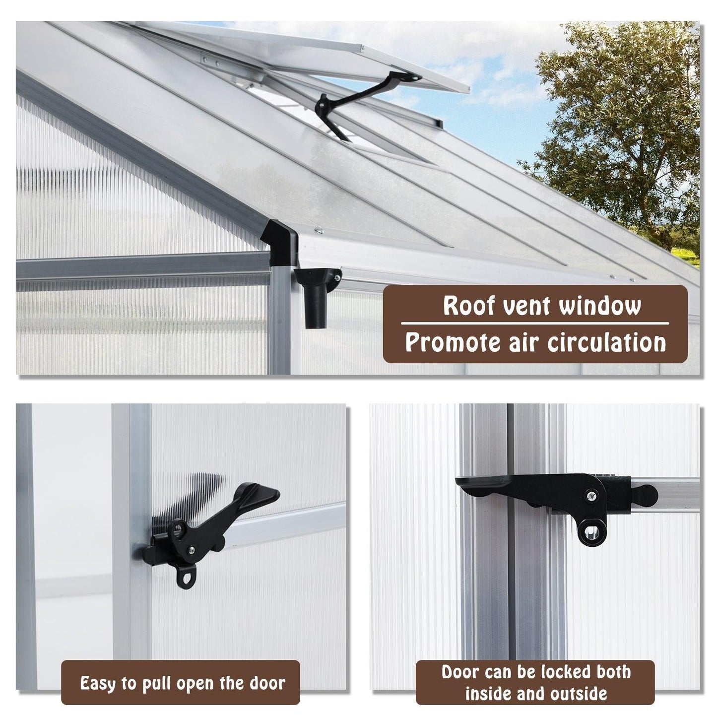 6' x 8' /6' x 10' Walk-in Polycarbonate Greenhouse with Roof Vent and Door lock, Aluminum Frame and Polycarbonate Panels- White/Black Aoodor LLC