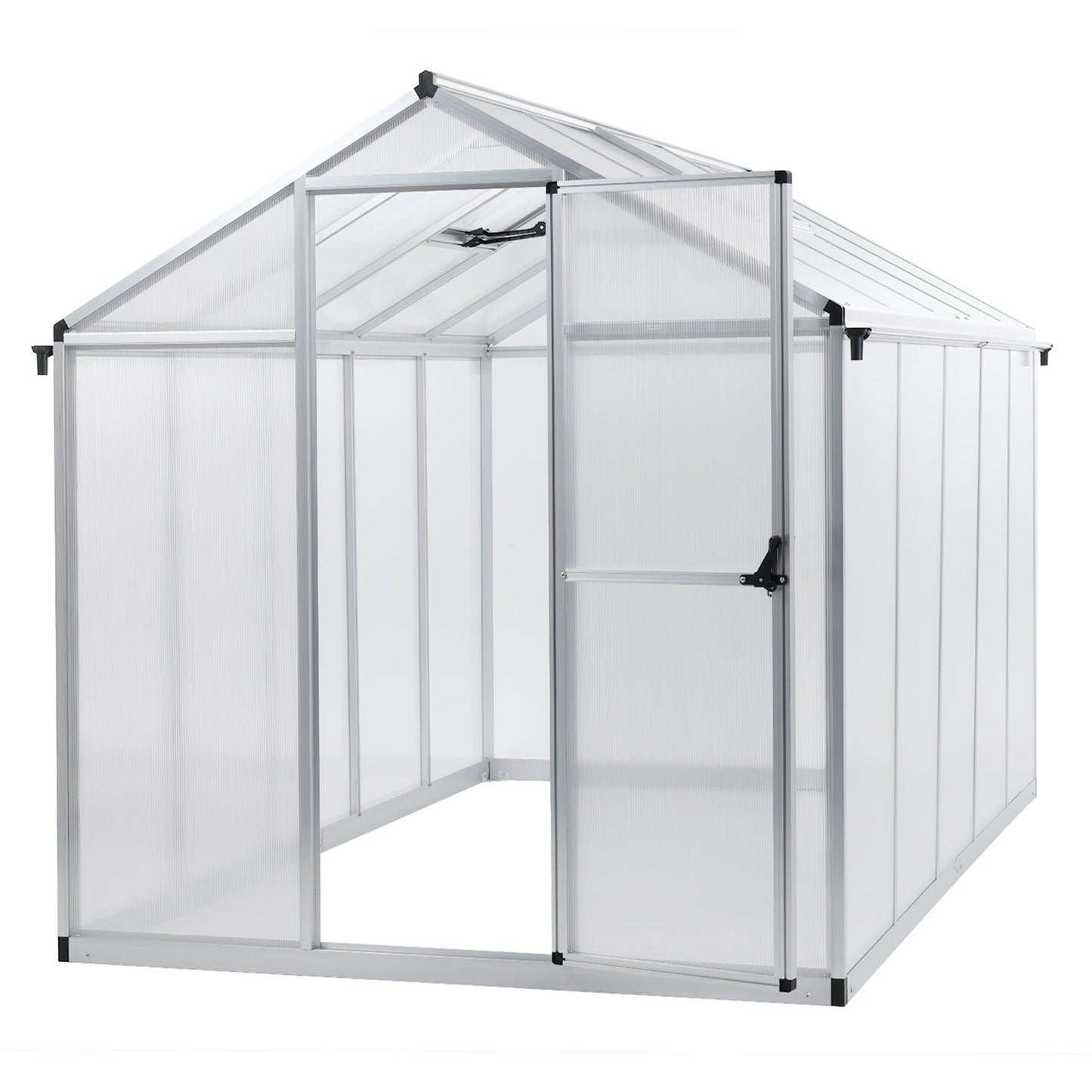 6' x 8' /6' x 10' Walk-in Polycarbonate Greenhouse with Roof Vent and Door lock, Aluminum Frame and Polycarbonate Panels- White/Black Aoodor LLC 6' x 10' Silver