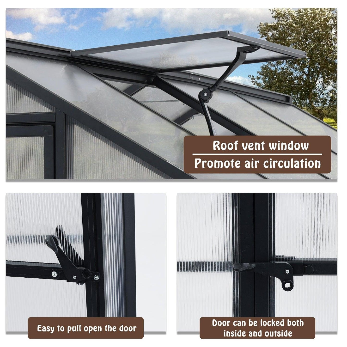 6' x 8' /6' x 10' Walk-in Polycarbonate Greenhouse with Roof Vent and Door lock, Aluminum Frame and Polycarbonate Panels- White/Black Aoodor LLC