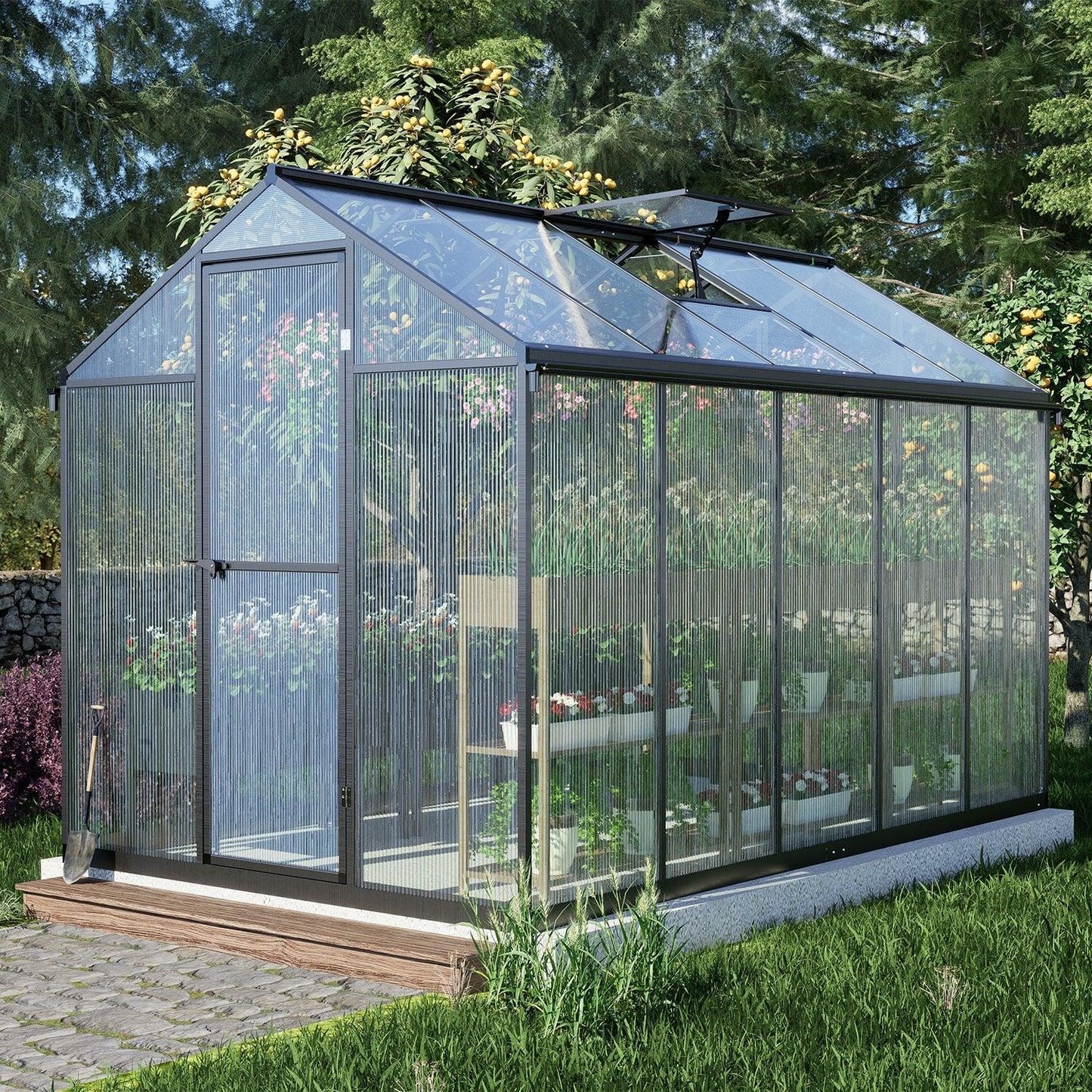 6' x 8' /6' x 10' Walk-in Polycarbonate Greenhouse with Roof Vent and Door lock, Aluminum Frame and Polycarbonate Panels- White/Black Aoodor LLC
