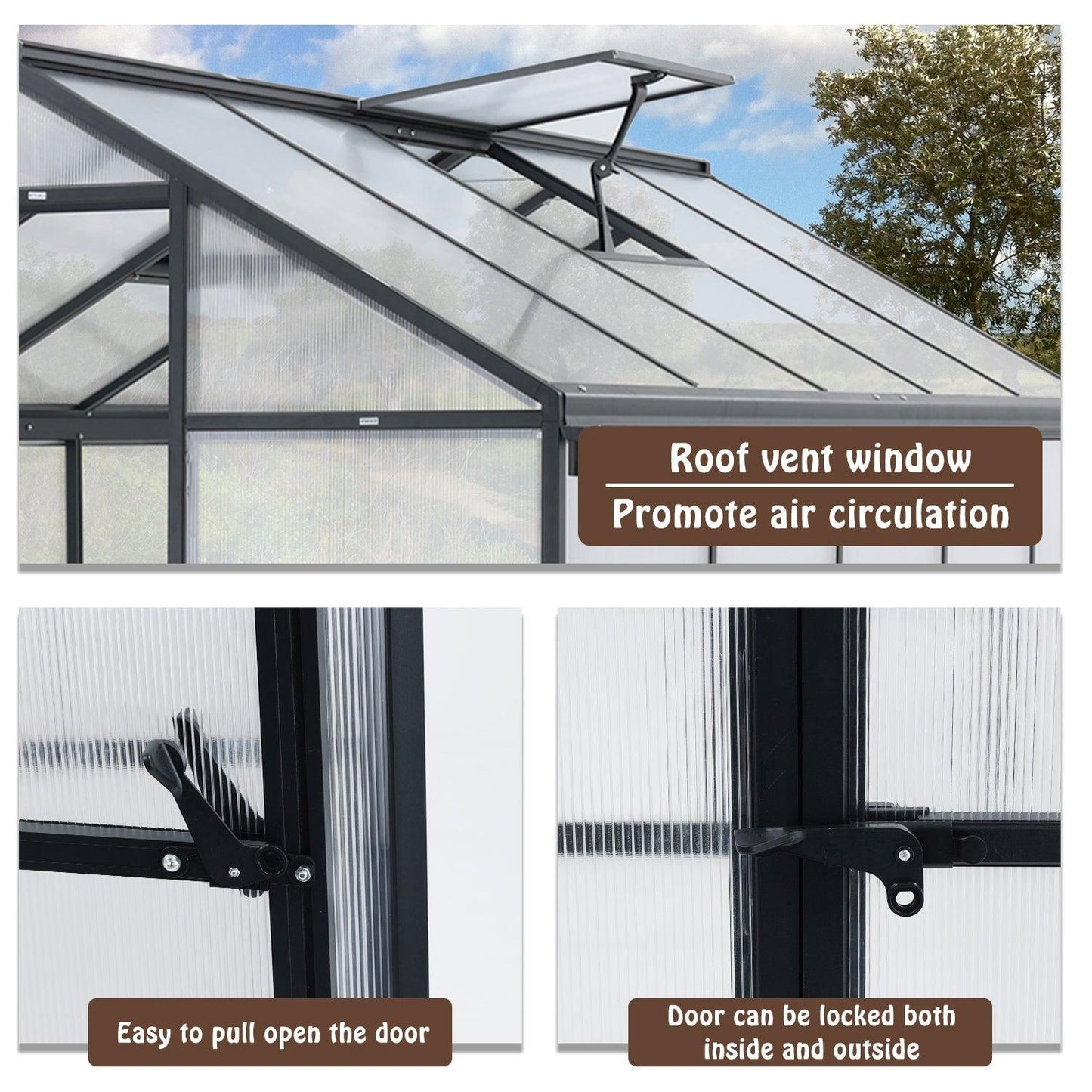 6' x 8' /6' x 10' Walk-in Polycarbonate Greenhouse with Roof Vent and Door lock, Aluminum Frame and Polycarbonate Panels- White/Black Aoodor LLC