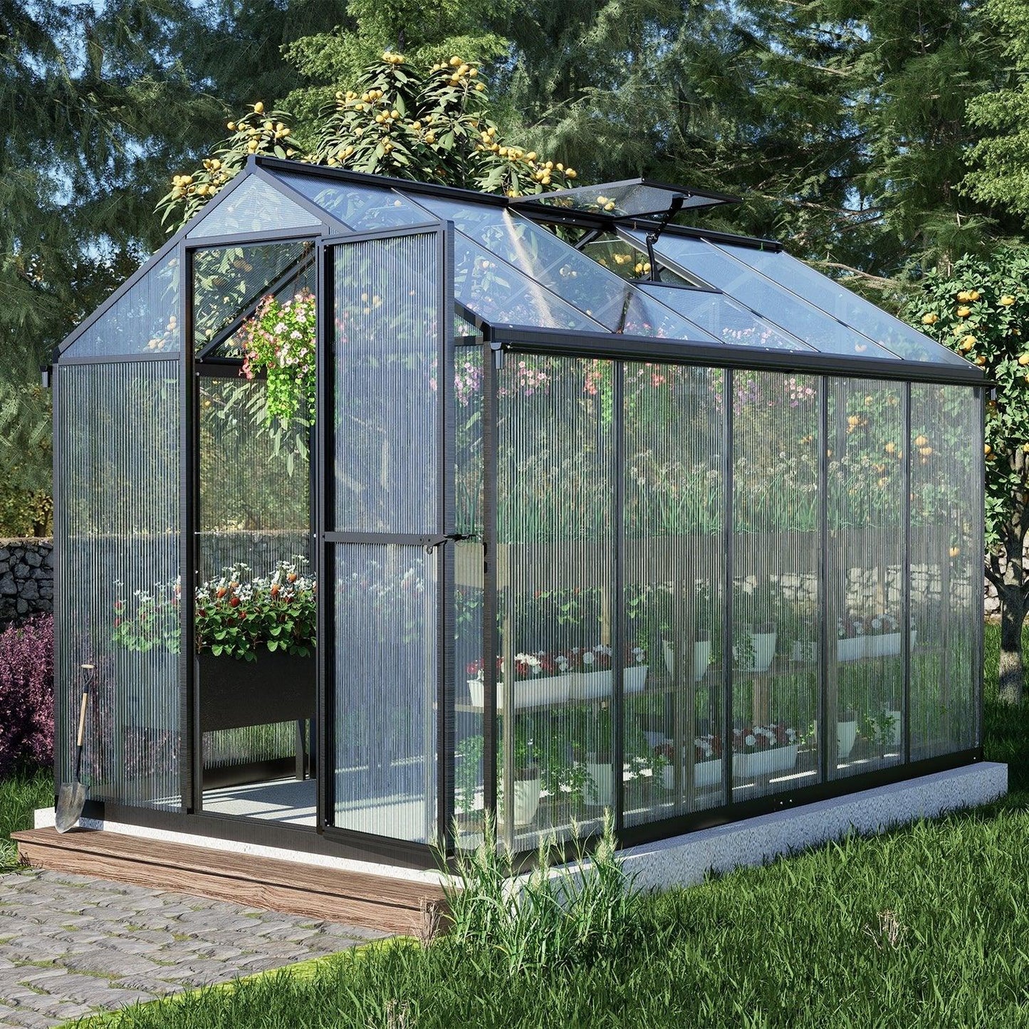 6' x 8' /6' x 10' Walk-in Polycarbonate Greenhouse with Roof Vent and Door lock, Aluminum Frame and Polycarbonate Panels- White/Black Aoodor LLC