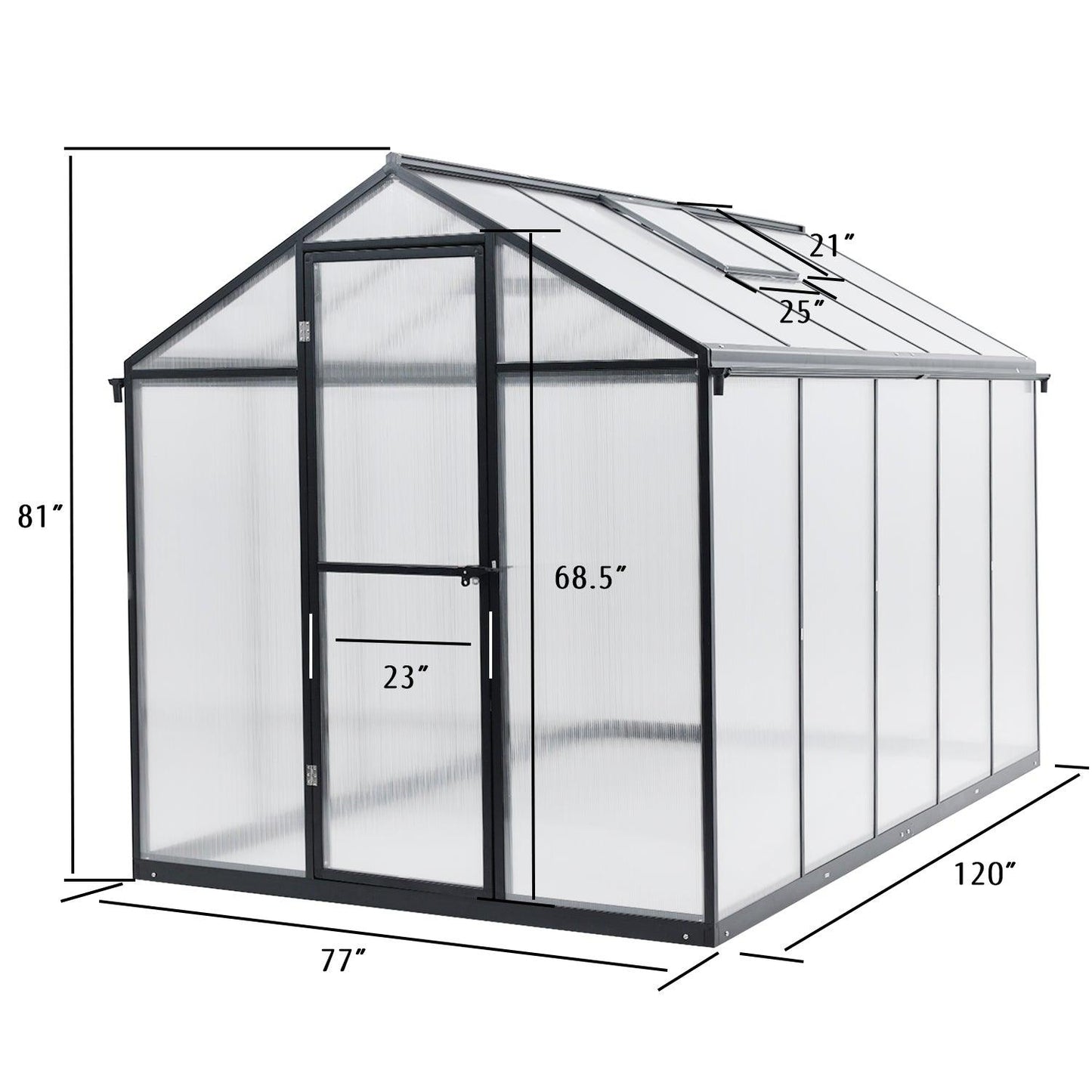 6' x 8' /6' x 10' Walk-in Polycarbonate Greenhouse with Roof Vent and Door lock, Aluminum Frame and Polycarbonate Panels- White/Black Aoodor LLC