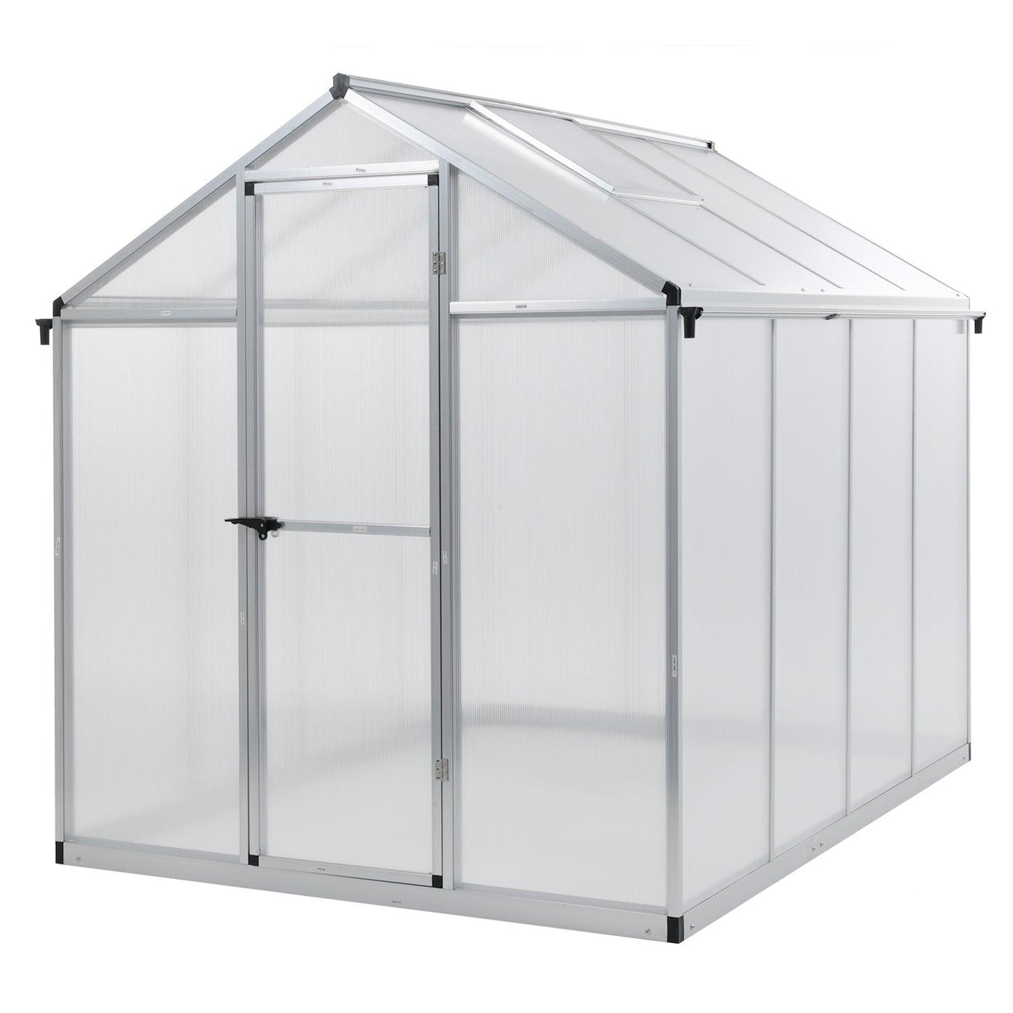 6' x 8' /6' x 10' Walk-in Polycarbonate Greenhouse with Roof Vent and Door lock, Aluminum Frame and Polycarbonate Panels- White/Black Aoodor LLC 6' x 8' Silver