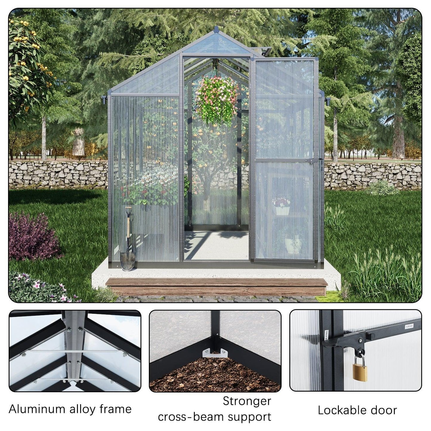 6' x 8' /6' x 10' Walk-in Polycarbonate Greenhouse with Roof Vent and Door lock, Aluminum Frame and Polycarbonate Panels- White/Black Aoodor LLC