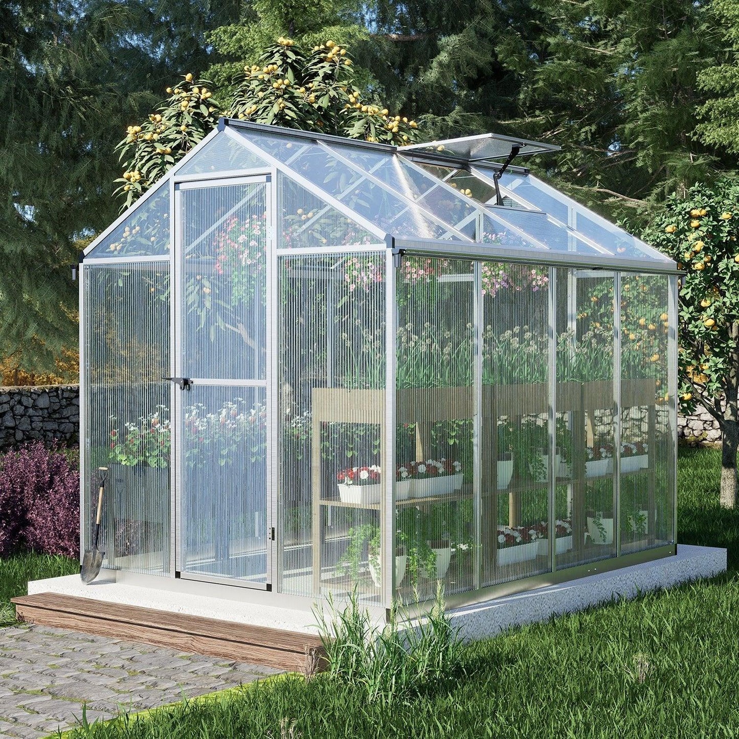 6' x 8' /6' x 10' Walk-in Polycarbonate Greenhouse with Roof Vent and Door lock, Aluminum Frame and Polycarbonate Panels- White/Black Aoodor LLC