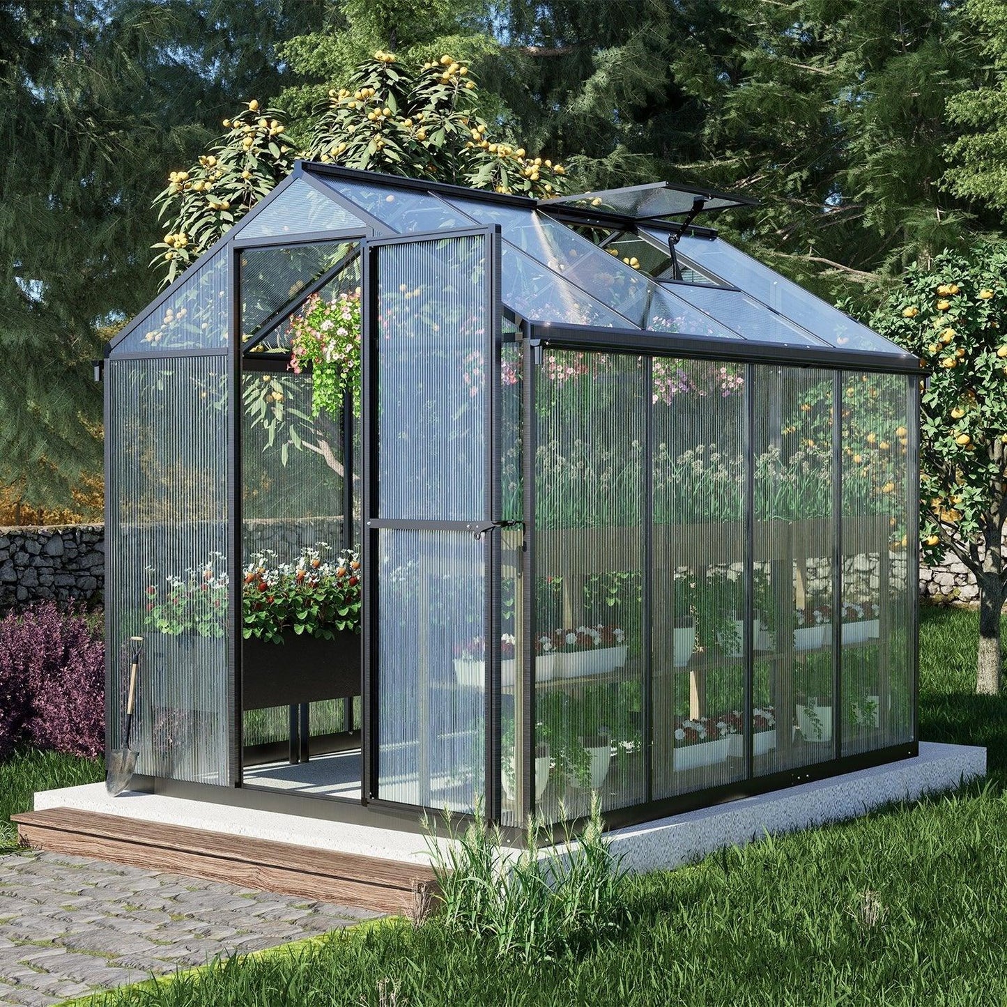 6' x 8' /6' x 10' Walk-in Polycarbonate Greenhouse with Roof Vent and Door lock, Aluminum Frame and Polycarbonate Panels- White/Black Aoodor LLC