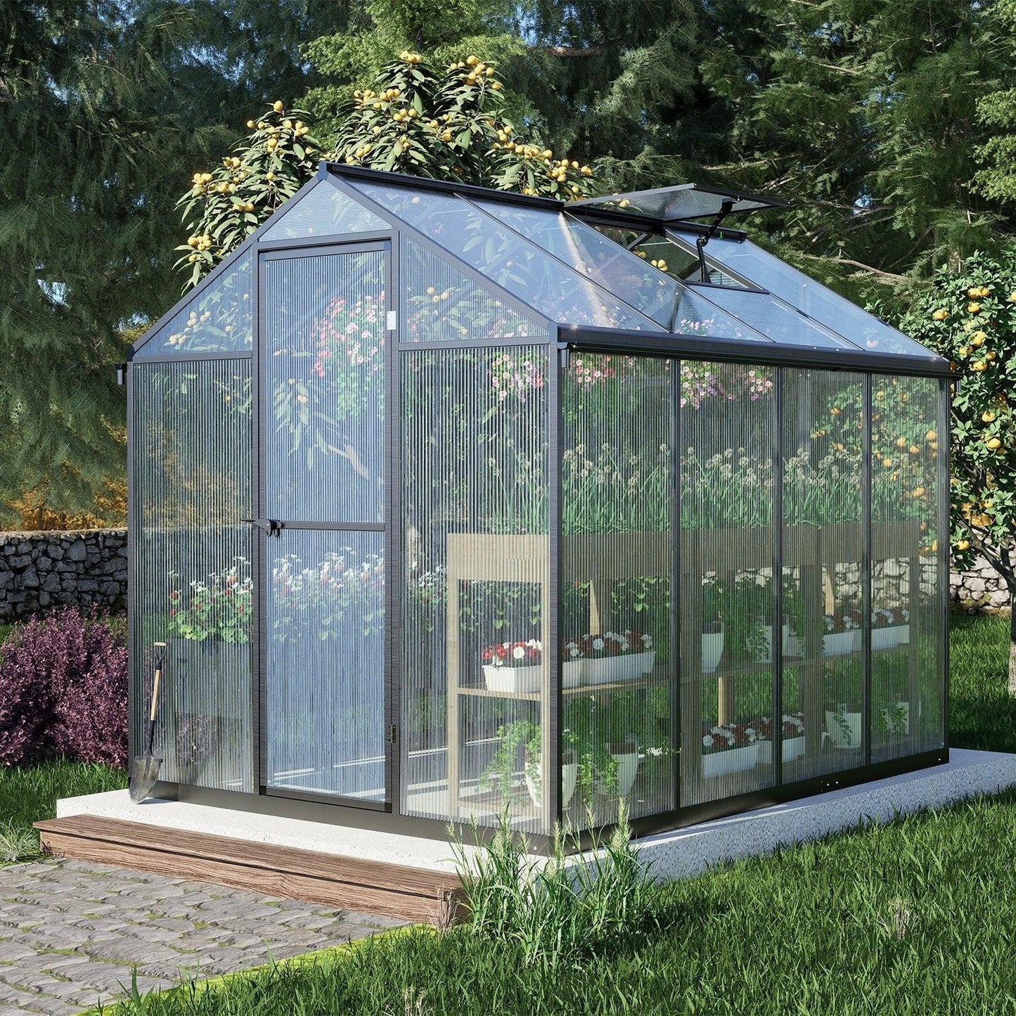 6' x 8' /6' x 10' Walk-in Polycarbonate Greenhouse with Roof Vent and Door lock, Aluminum Frame and Polycarbonate Panels- White/Black Aoodor LLC
