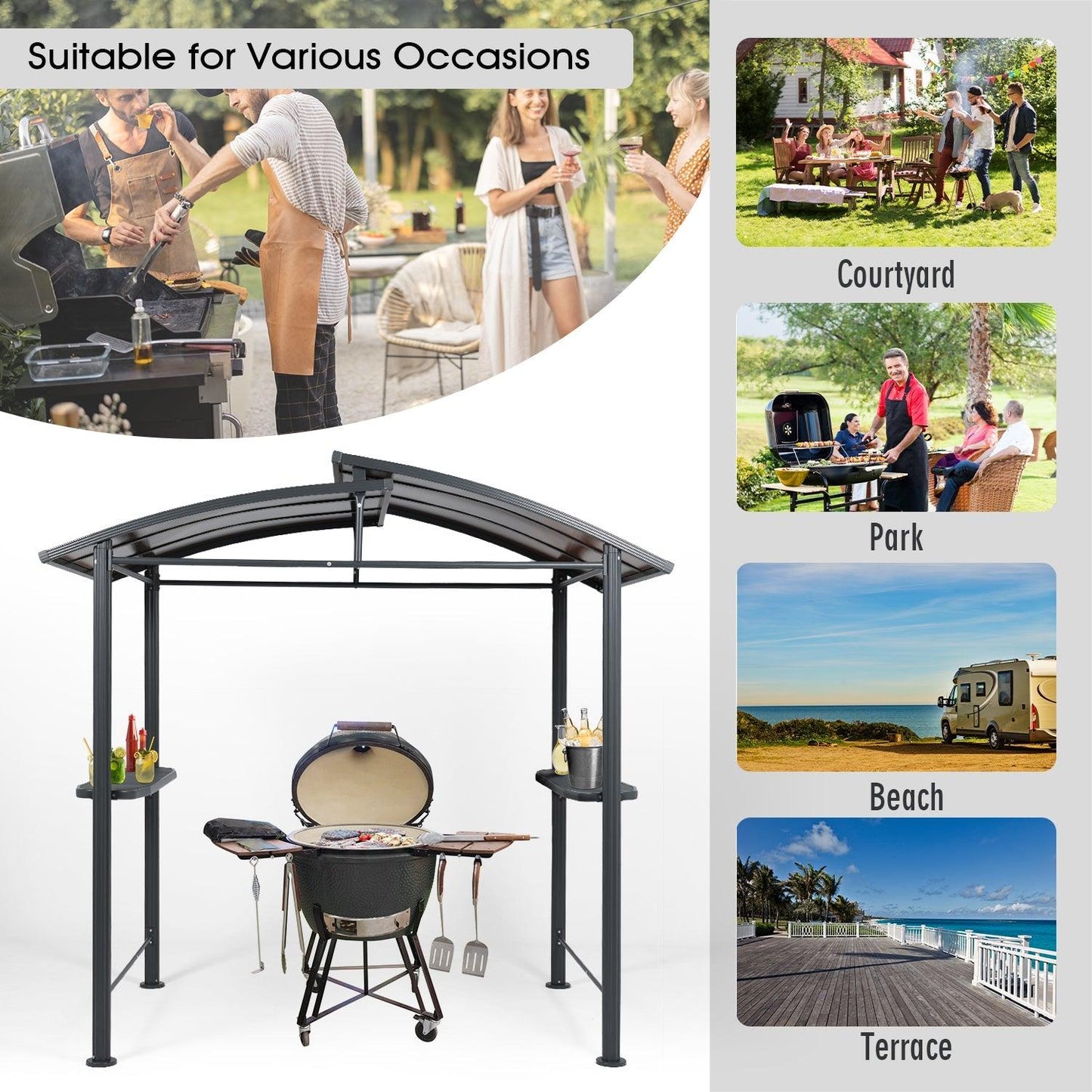 8 x 5 ft. BBQ Grill Gazebo Shelter, Steel Frame and Double-Tier Polycarbonate Top Canopy, with Side Shelves Gazebo Aoodor LLC