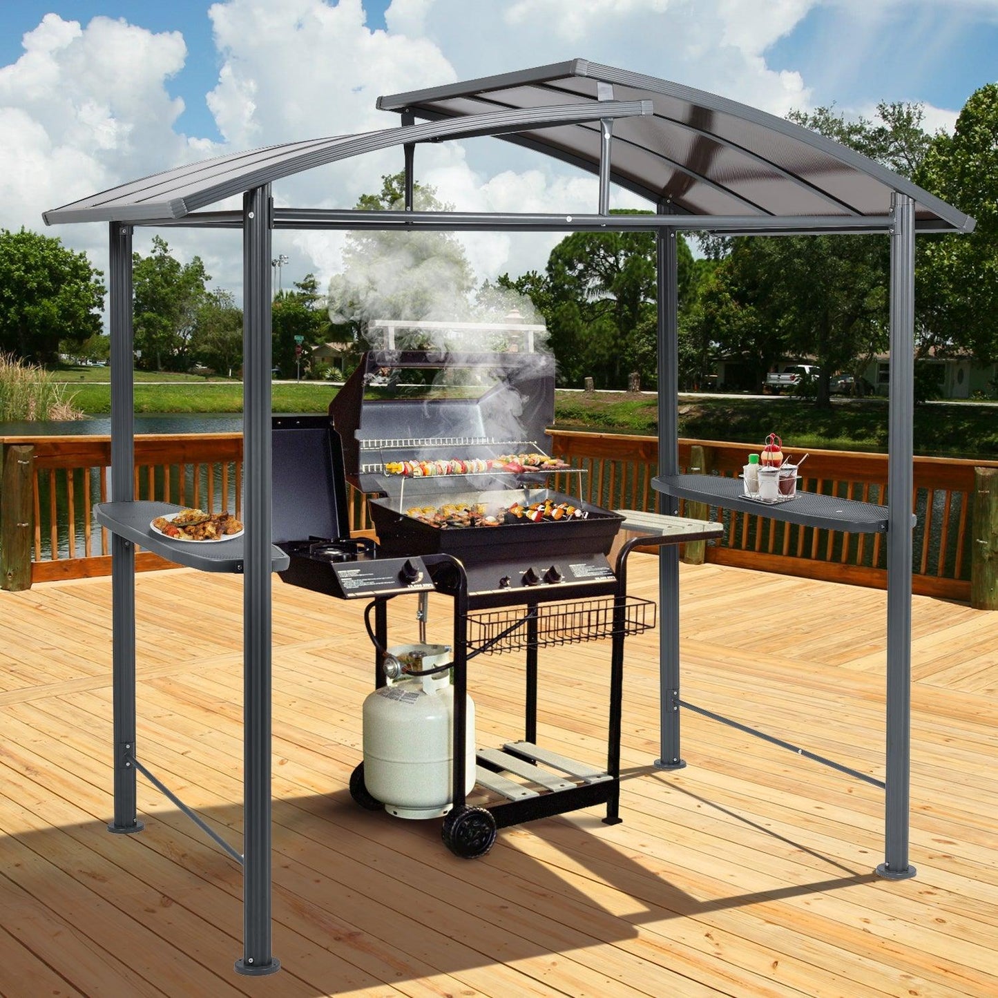 8 x 5 ft. BBQ Grill Gazebo Shelter, Steel Frame and Double-Tier Polycarbonate Top Canopy, with Side Shelves Gazebo Aoodor LLC