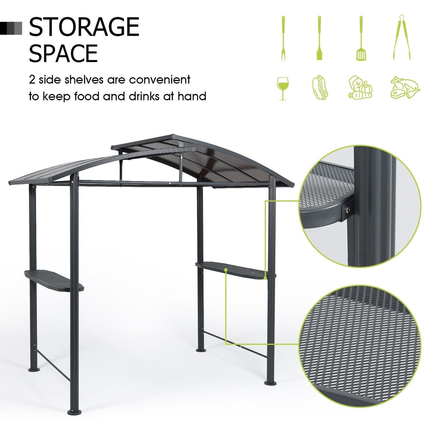 8 x 5 ft. BBQ Grill Gazebo Shelter, Steel Frame and Double-Tier Polycarbonate Top Canopy, with Side Shelves Gazebo Aoodor LLC