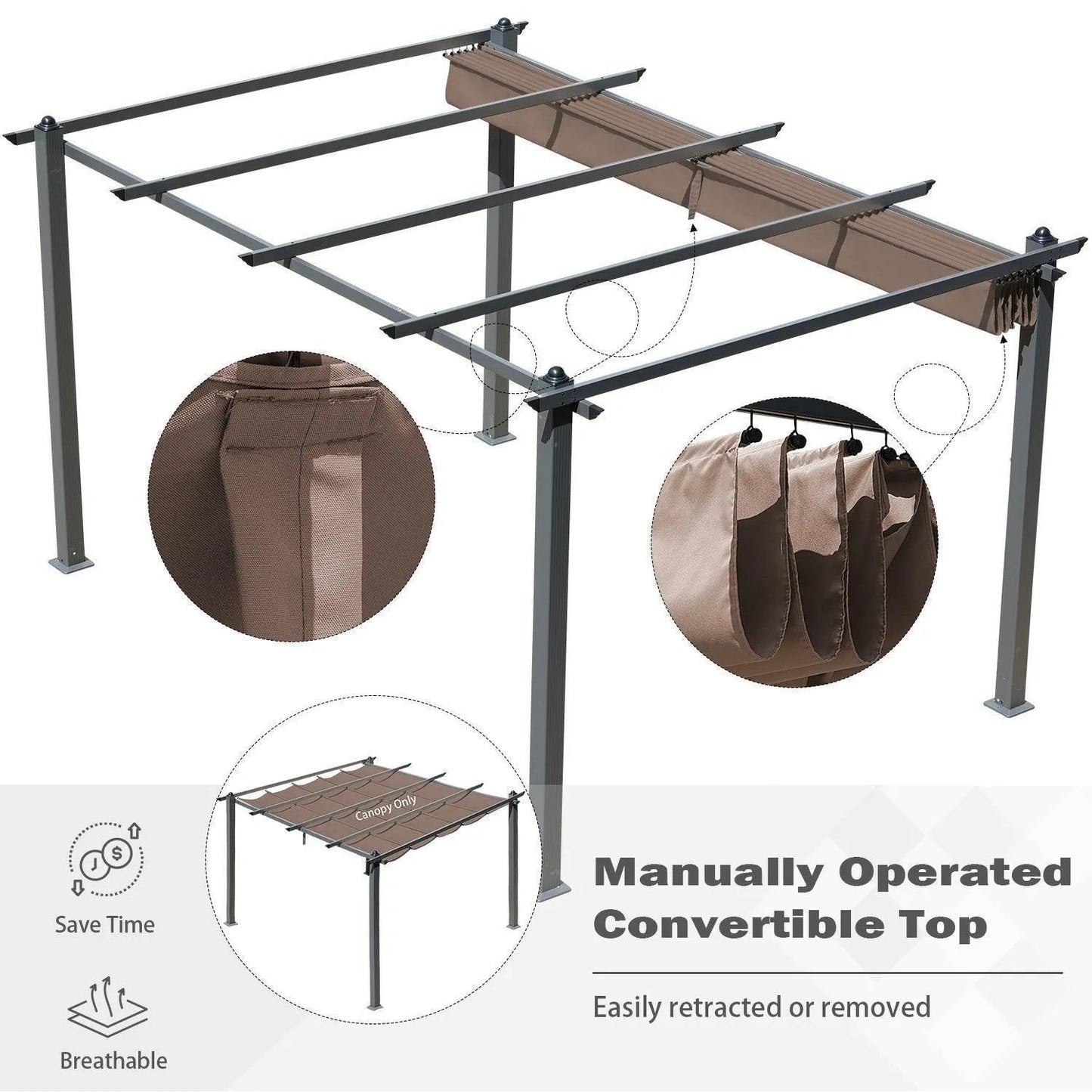 Replacement Pergola Canopy - Retractable Shade in Dark Brown Fabric for 10 x 10 ft /10 x 13 ft Pergola Pergola Aoodor LLC