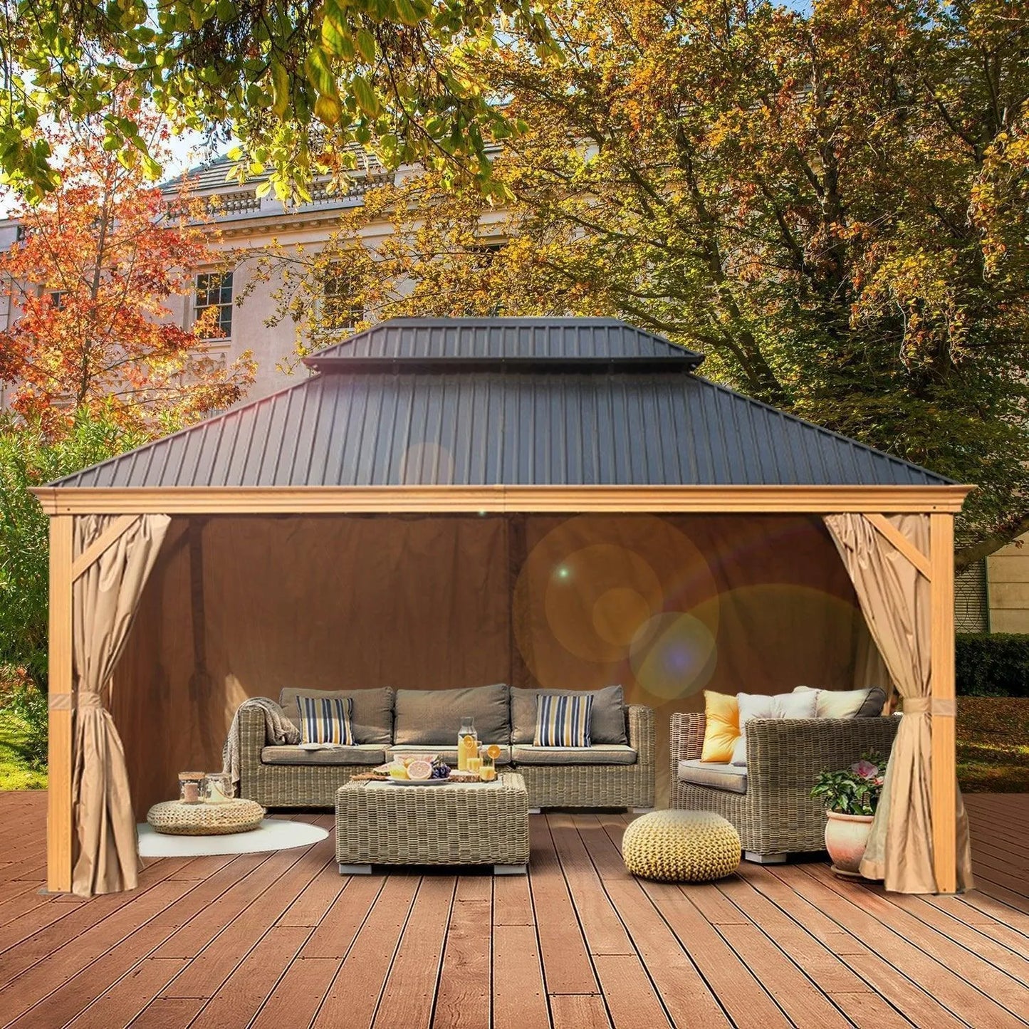 Woodgrain Aluminum Gazebo 16' X 12' Gazebo Aoodor LLC