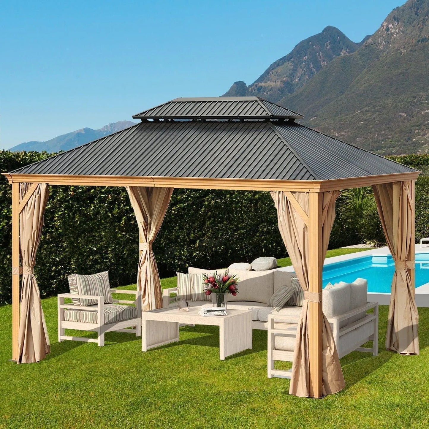 Woodgrain Aluminum Gazebo 16' X 12' Gazebo Aoodor LLC