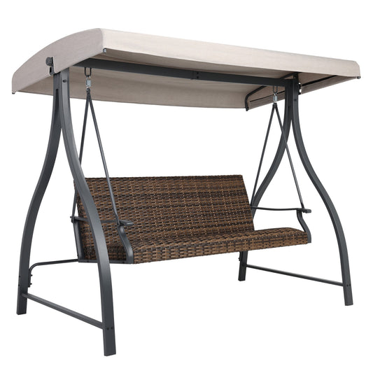 3-Seat Outdoor Rattan Patio Swing with Adjustable Canopy