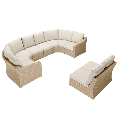 10-Piece Half-Moon Wicker Outdoor Sectional Set with Beige Cushions