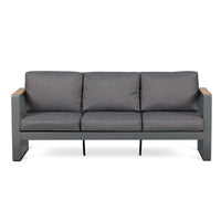 Gray sofa with wooden armrests on a white background