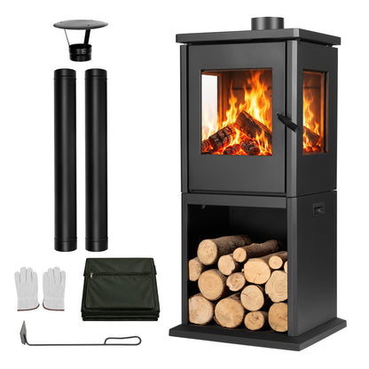 Aoodor black steel outdoor wood-burning fireplace with log storage, chimney pipes, rain cap, cover, gloves and fire poker.