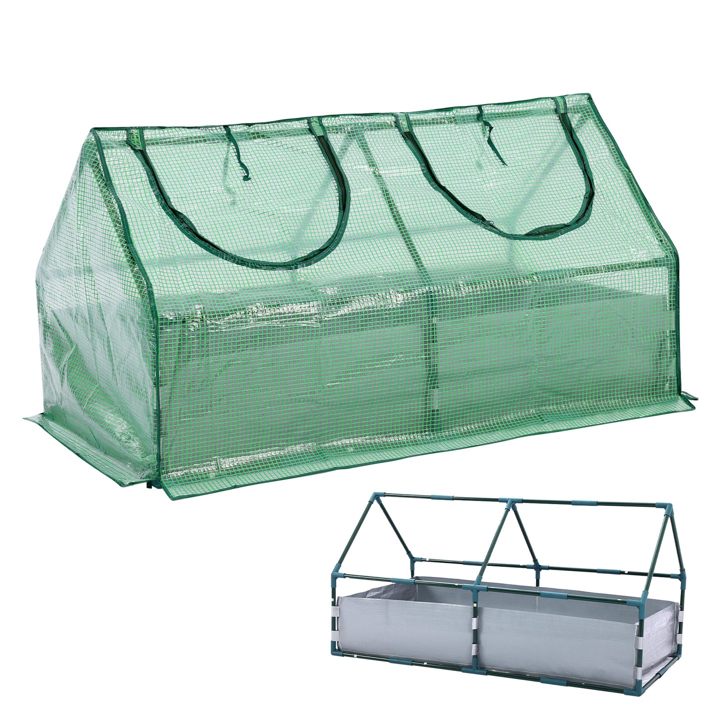 Green mesh greenhouse with a smaller version on a white background