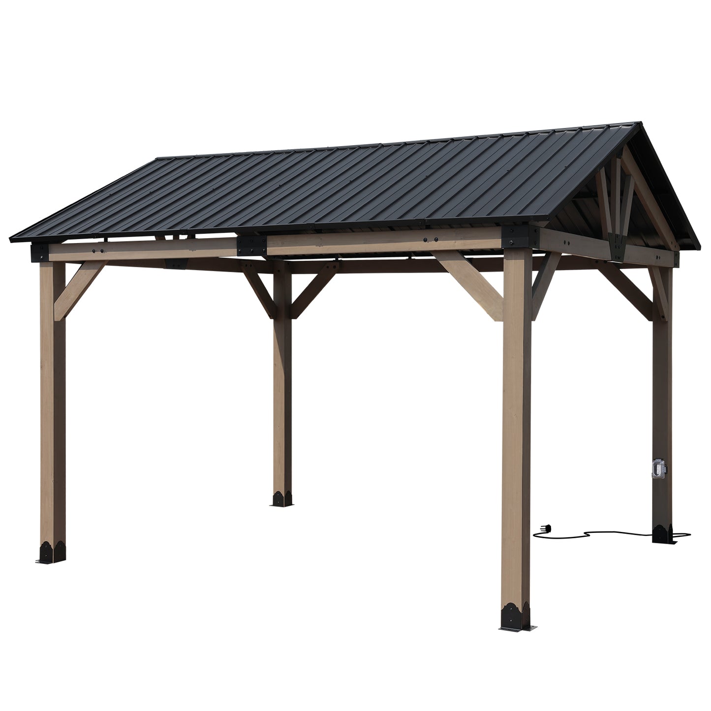 10'x12' Outdoor Patio Wooden Frame Gazebo with Galvanized Metal Hardtop Roof and Outlets