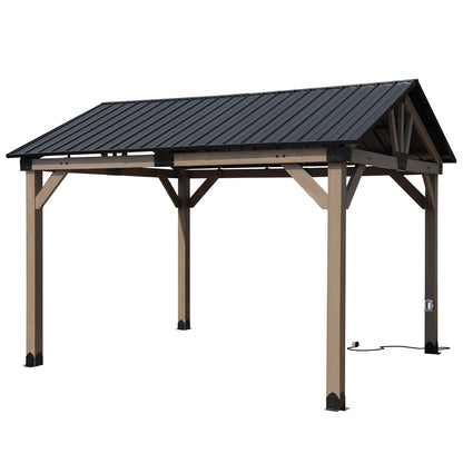 10'x12' Outdoor Patio Wooden Frame Gazebo with Galvanized Metal Hardtop Roof and Outlets