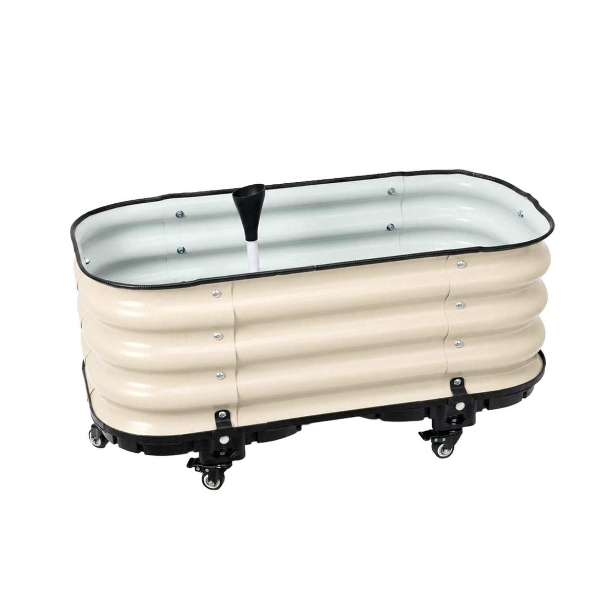 Beige oval self-watering planter with corrugated sides, black edge trim, a water fill tube and a caster wheel base.