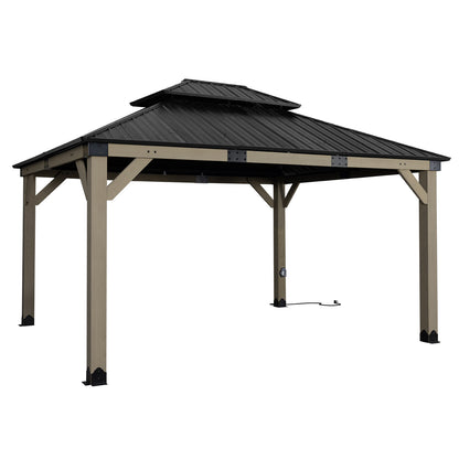 12'x14' Upgrade Cedar Wooden Frame Gazebo with 2-Tier Galvanized Steel Roof and Outlets