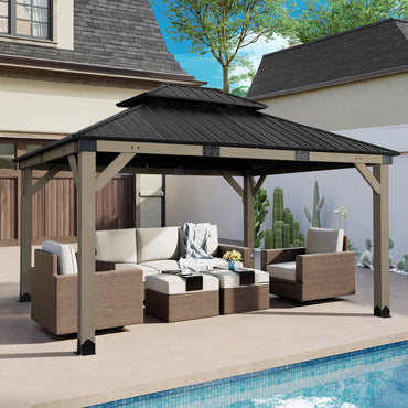 12'x14' Upgrade Cedar Wooden Frame Gazebo with 2-Tier Galvanized Steel Roof and Outlets