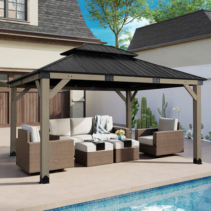 12'x14' Upgrade Cedar Wooden Frame Gazebo with 2-Tier Galvanized Steel Roof and Outlets