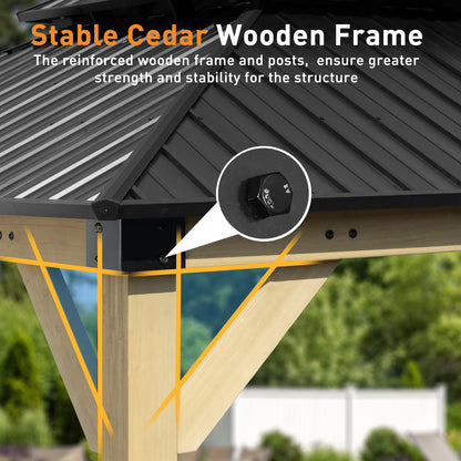 10'x12' Outdoor Patio Wooden Frame Gazebo with 2-Tier Galvanized Metal Hardtop Roof and Charging Socket