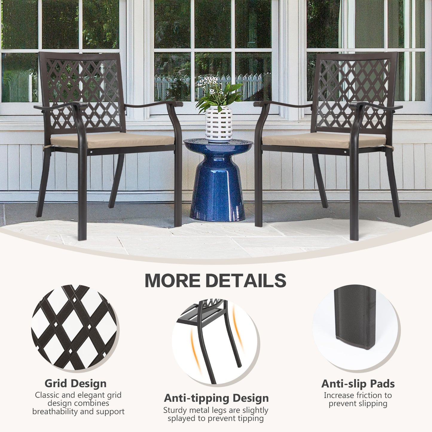 2-Piece Set Outdoor Patio Metal Dining Chairs with Seat Cushions
