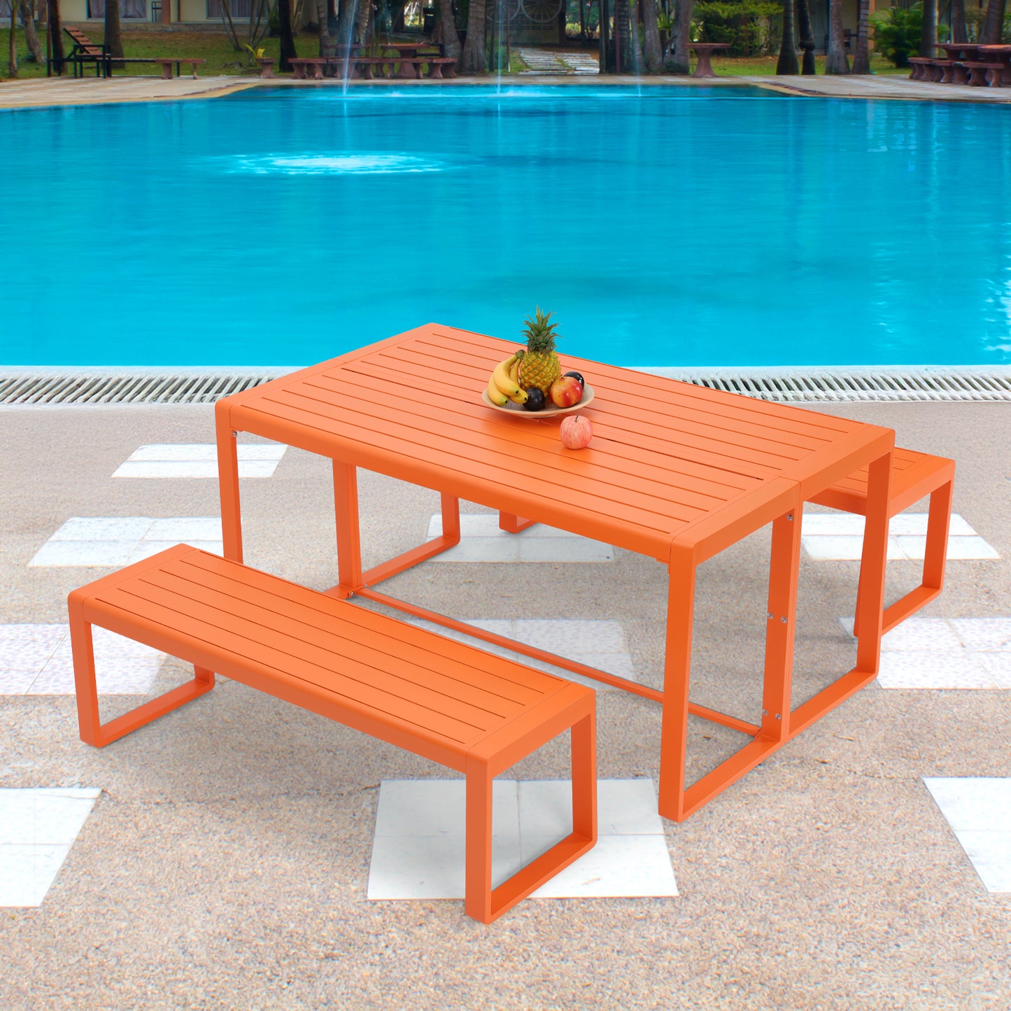 3-Piece Outdoor Patio Aluminum Dining Set with 1 Rectangular Picnic Table and 2 Benches