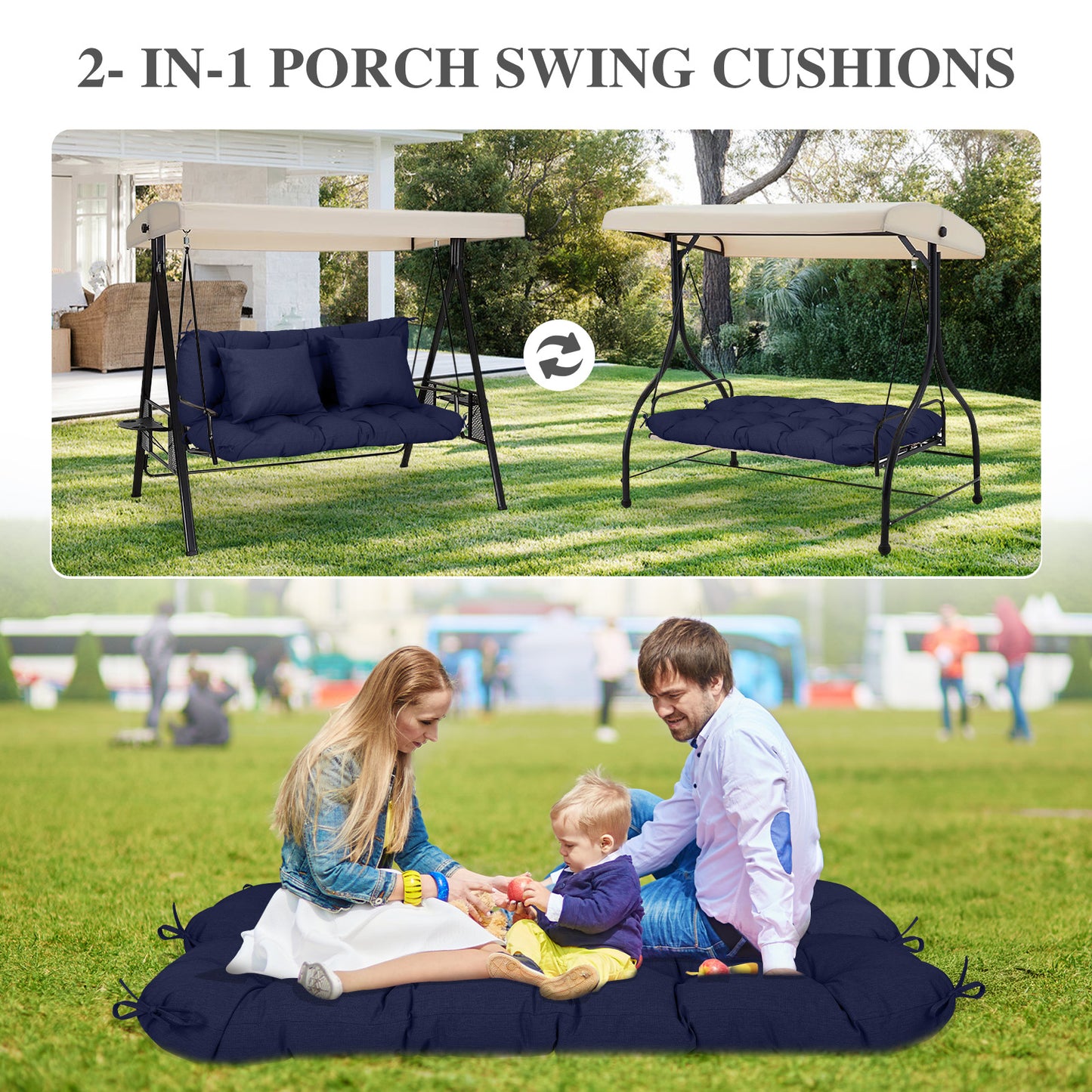 59" Tufted Porch Swing Cushions, Extra 5.1" Thick Outdoor Swing Bench Replacement Cushion with Backrest and 2 Pillows - Dark Blue Aoodor 