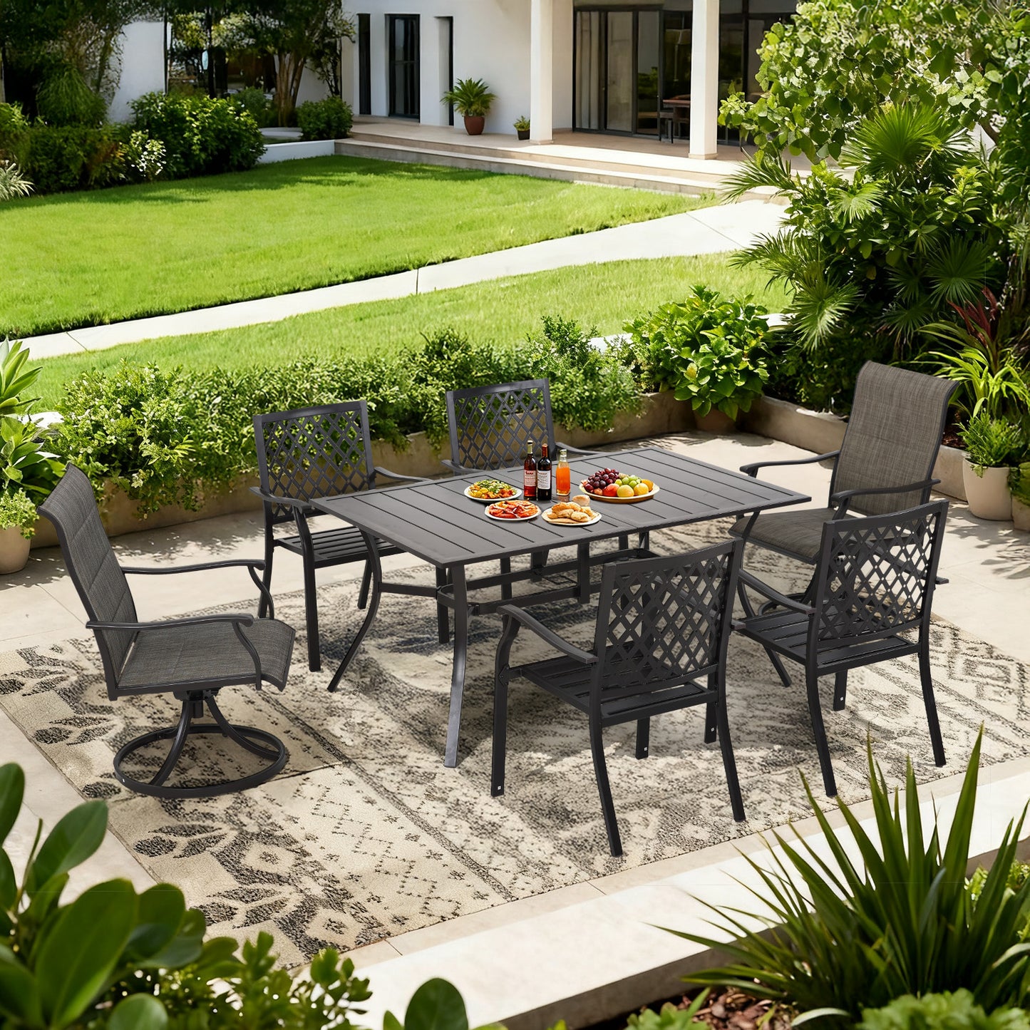 Patio Dining Table for 6, 59 inch Rectangular Metal Outdoor Patio Table with Umbrella Hole