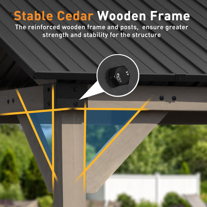 10'x12' Outdoor Patio Wooden Frame Gazebo with Galvanized Metal Hardtop Roof and Outlets