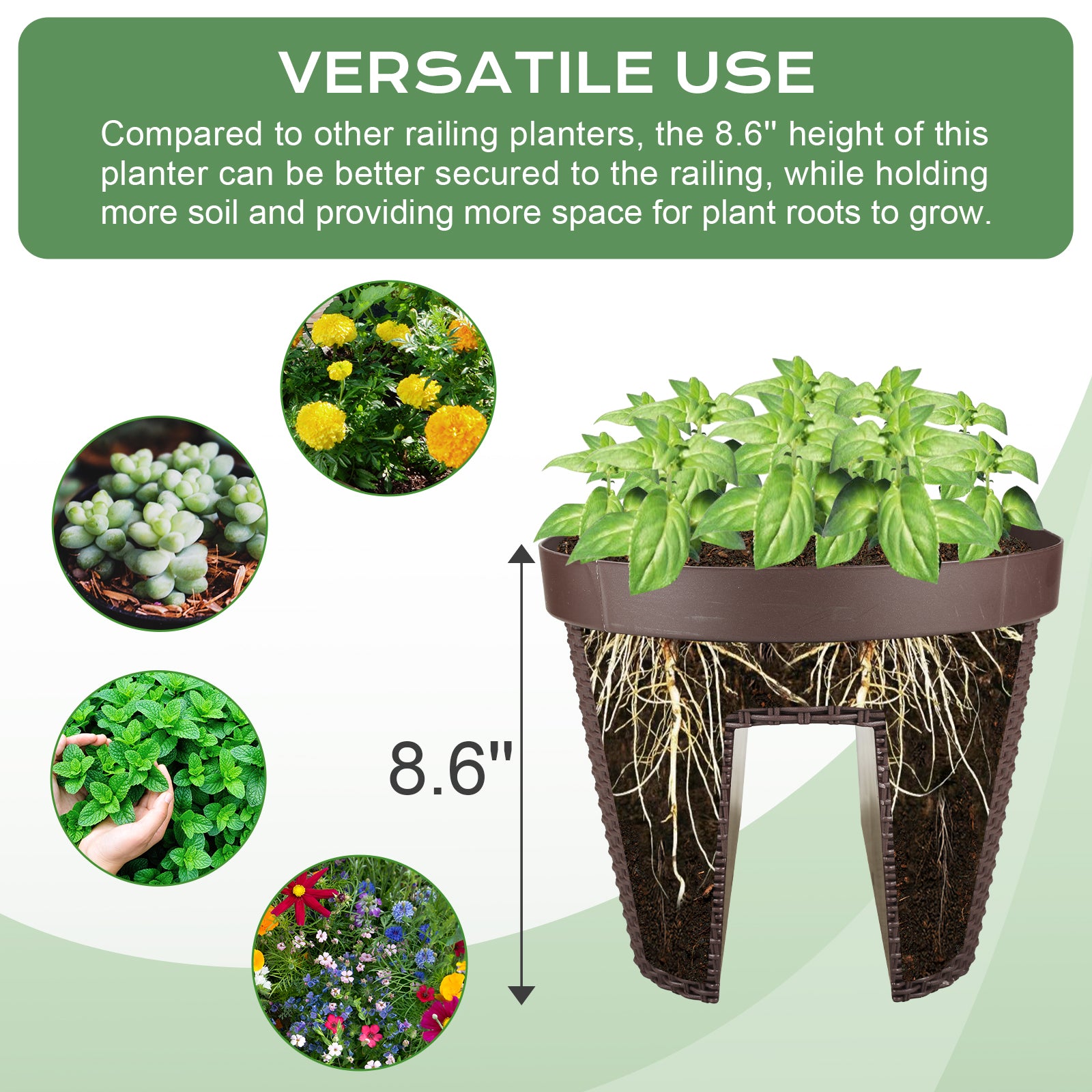 Aoodor Balcony Rattan Pattern Railing Planter Box with Drainage Holes and Adjustable Brackets